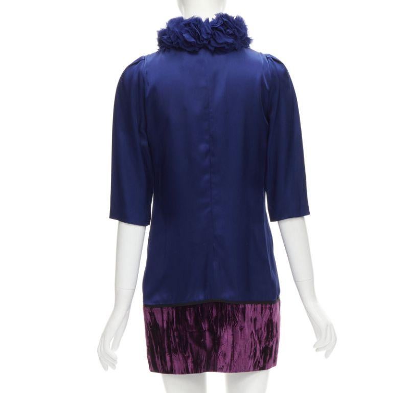 new ANDREW GN royal blue purple crushed velvet hem ruffle collar dress FR34 XS 1