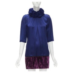 new ANDREW GN royal blue purple crushed velvet hem ruffle collar dress FR34 XS