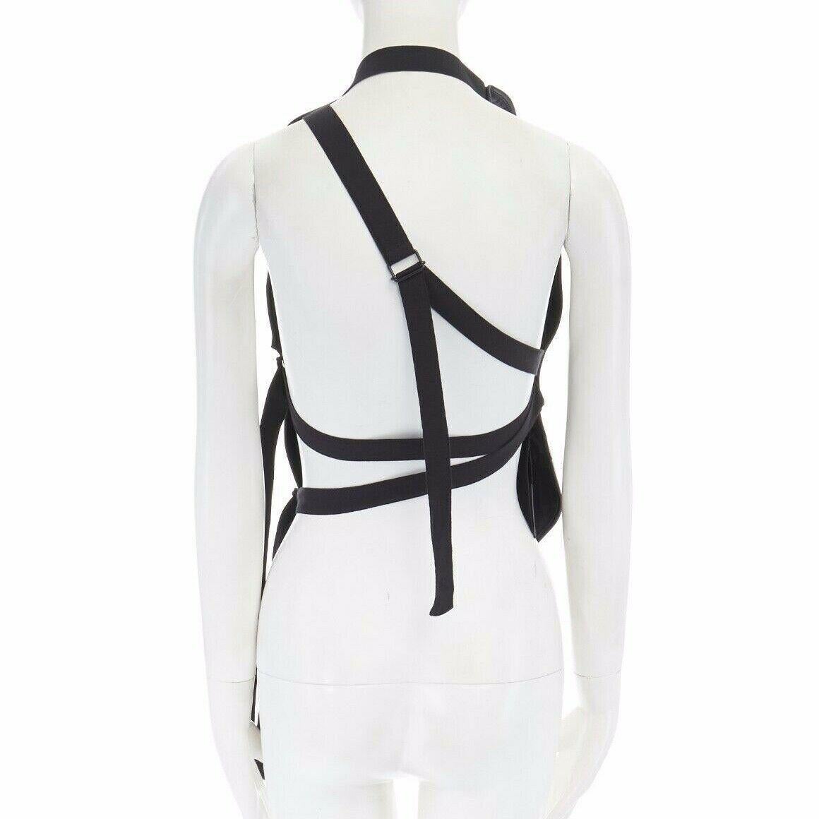 Black new ANN DEMEULEMEESTER black leather draped neck stitch strappy harness top M