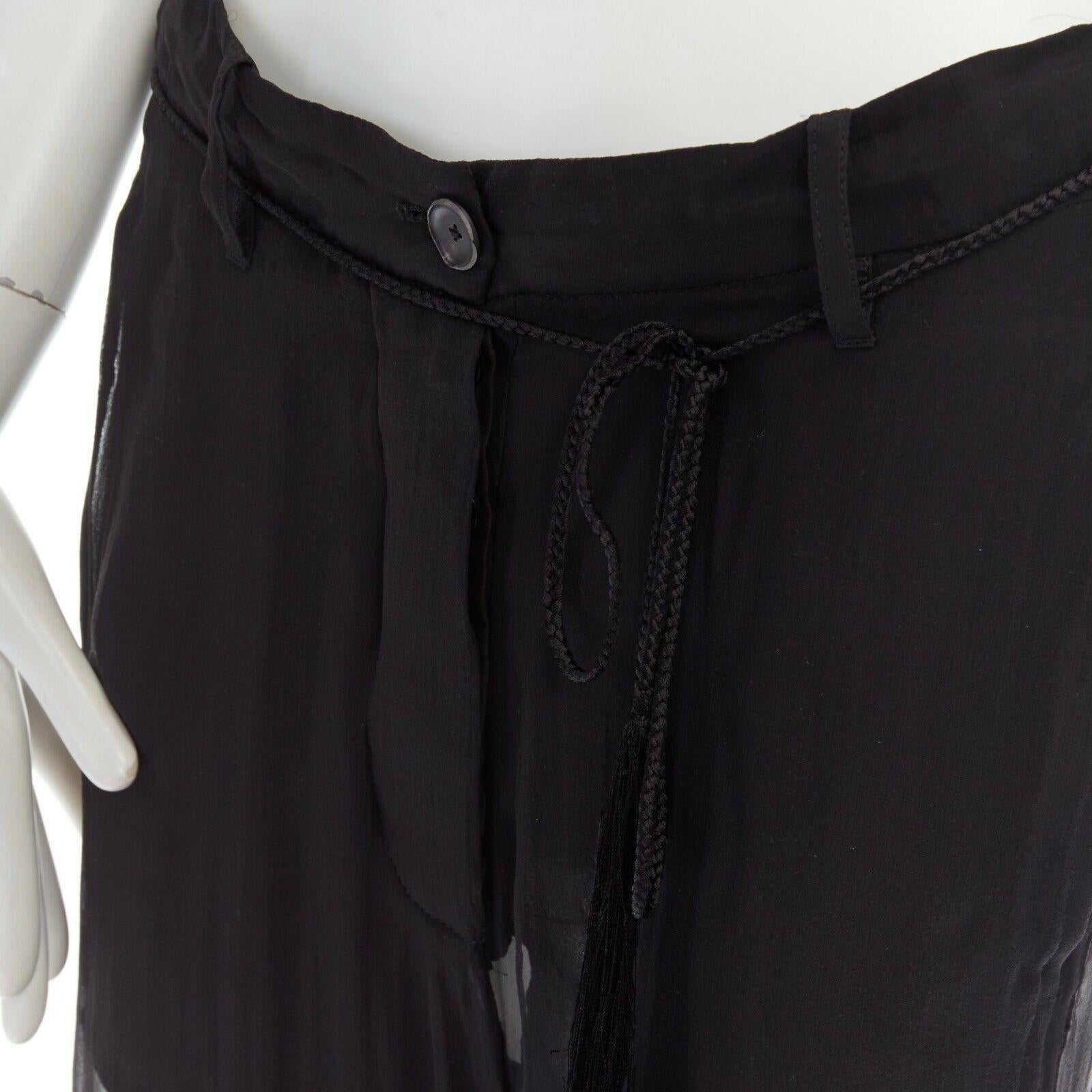 Black new ANN DEMEULEMEESTER black sheer silk extra wide leg belted flow pants FR34 XS