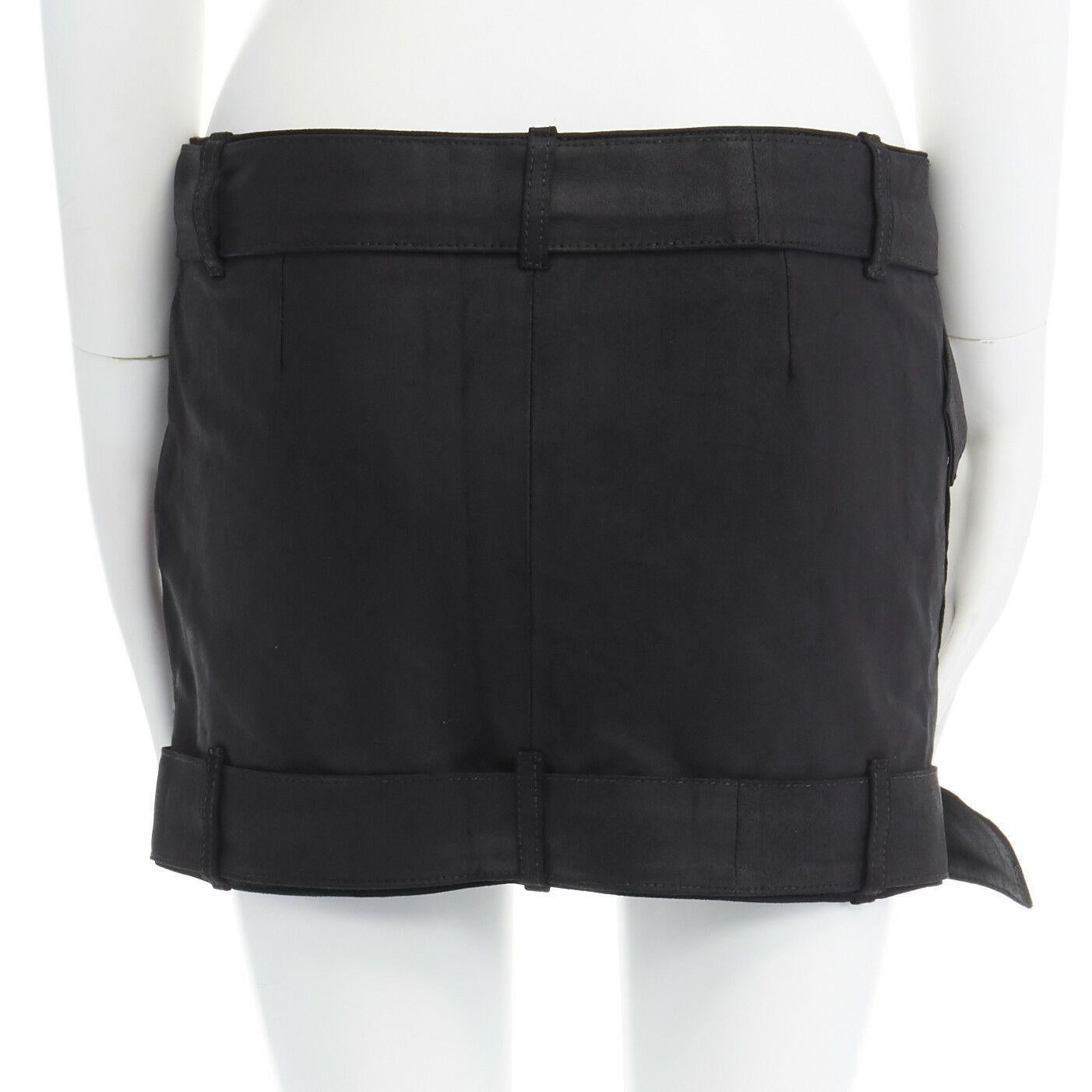 new ANN DEMEULEMESTER black matte leather buckle belted hem mini skirt FR36 31