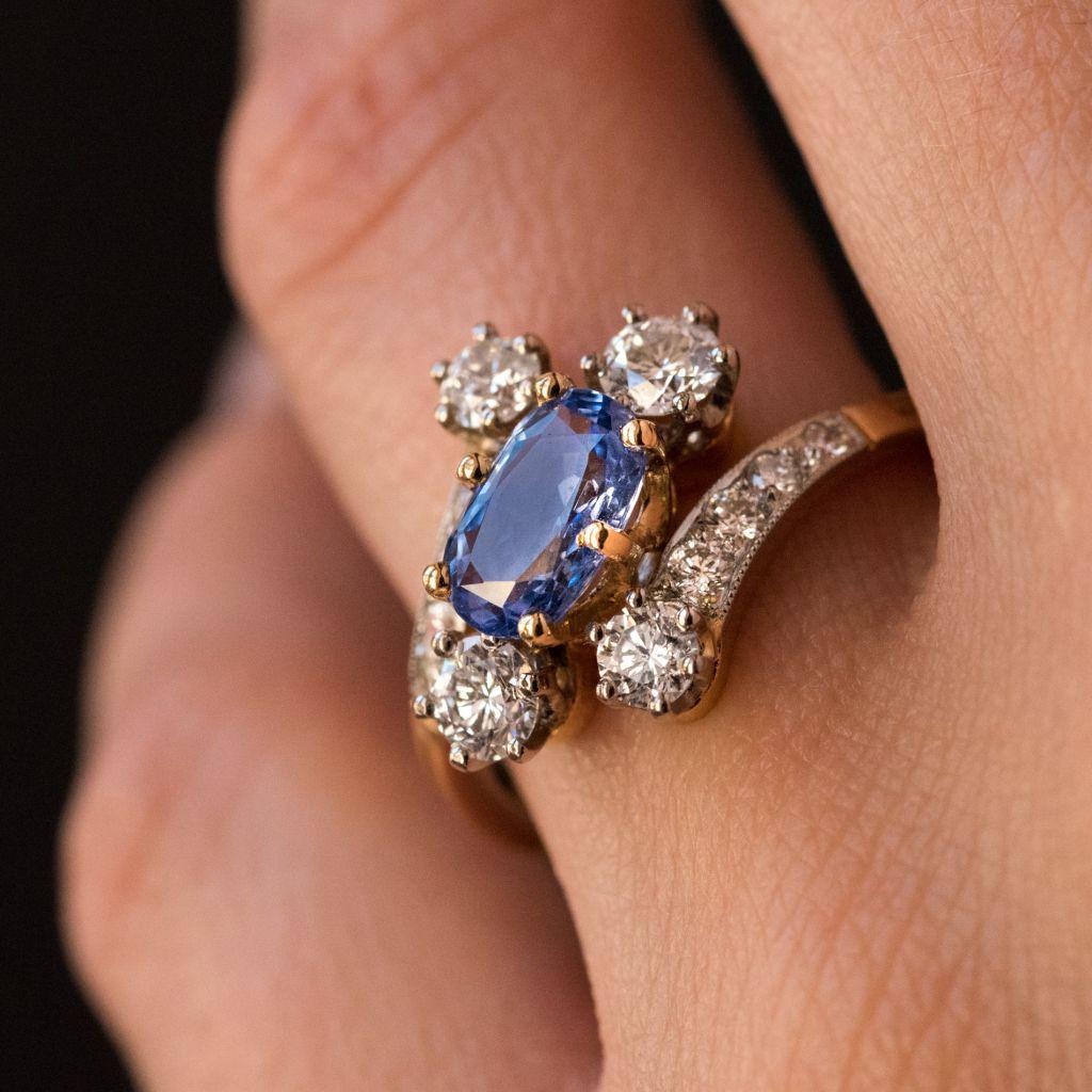 Antique Style Sapphire Diamond Gold Platinum Ring In New Condition In Poitiers, FR