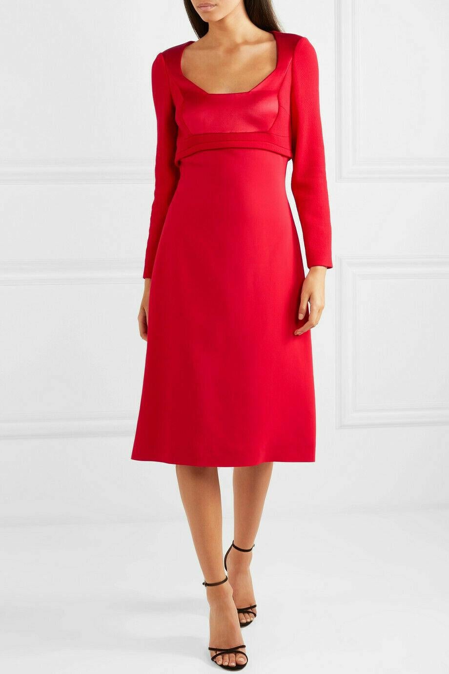 Antonio Berardi Fire Red midi dress.
 Antonio Berardi's dress is sophisticated and glamorous. 
Made from panels of wool-crepe, cady and satin and fully lined for a smooth fit.
Two-way zip fastening through back
Content:
Fabric 1: 97% viscose, 3%