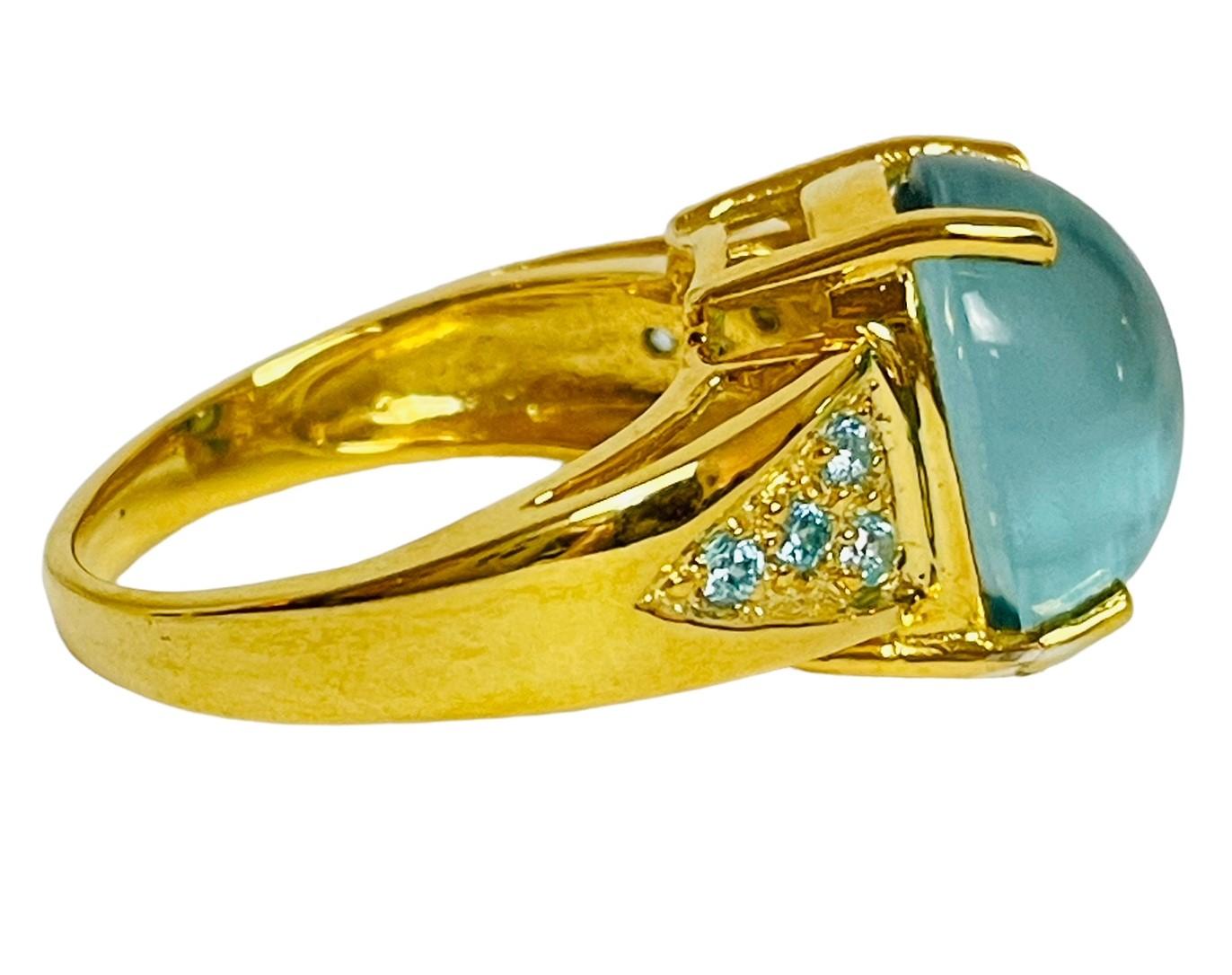 New Aquamarine 7.80 Ct Cabachon 14k Yellow Gold Plated Sterling Ring In New Condition In Eagan, MN