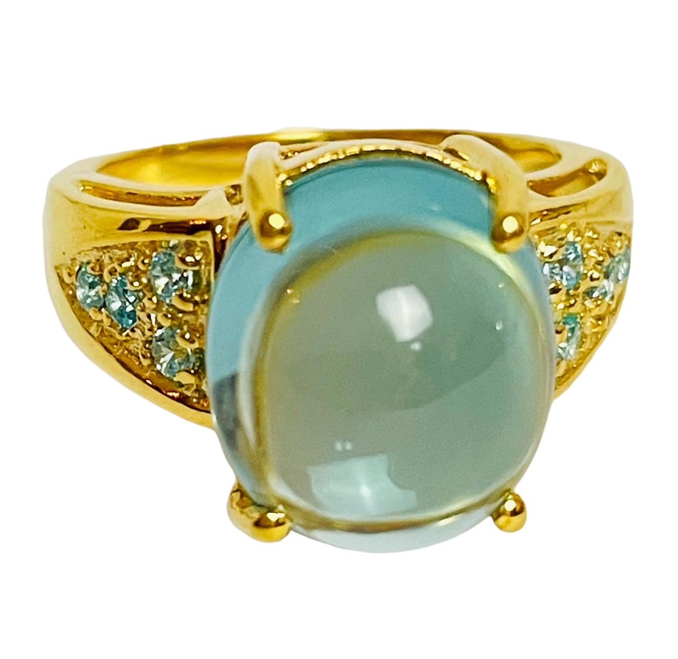 New Aquamarine 7.80 Ct Cabachon 14k Yellow Gold Plated Sterling Ring 2