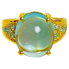 New Aquamarine 7.80 Ct Cabachon 14k Yellow Gold Plated Sterling Ring