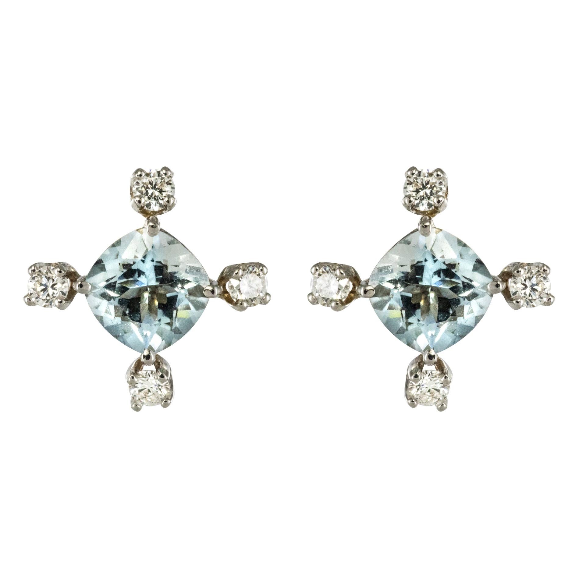 New Aquamarine Diamond 18 Karat White Gold Stud Earrings