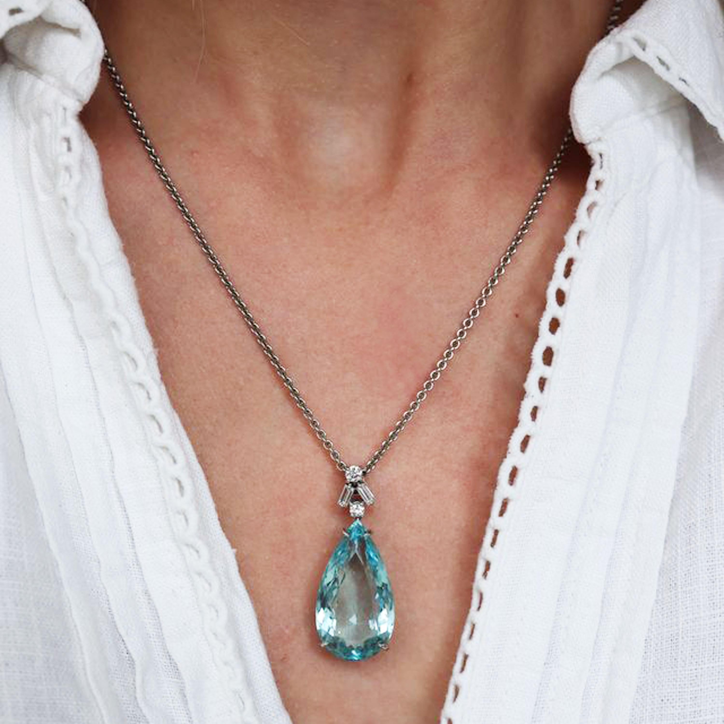 Pear Cut New Aquamarine, Diamond and White Gold Pendant For Sale
