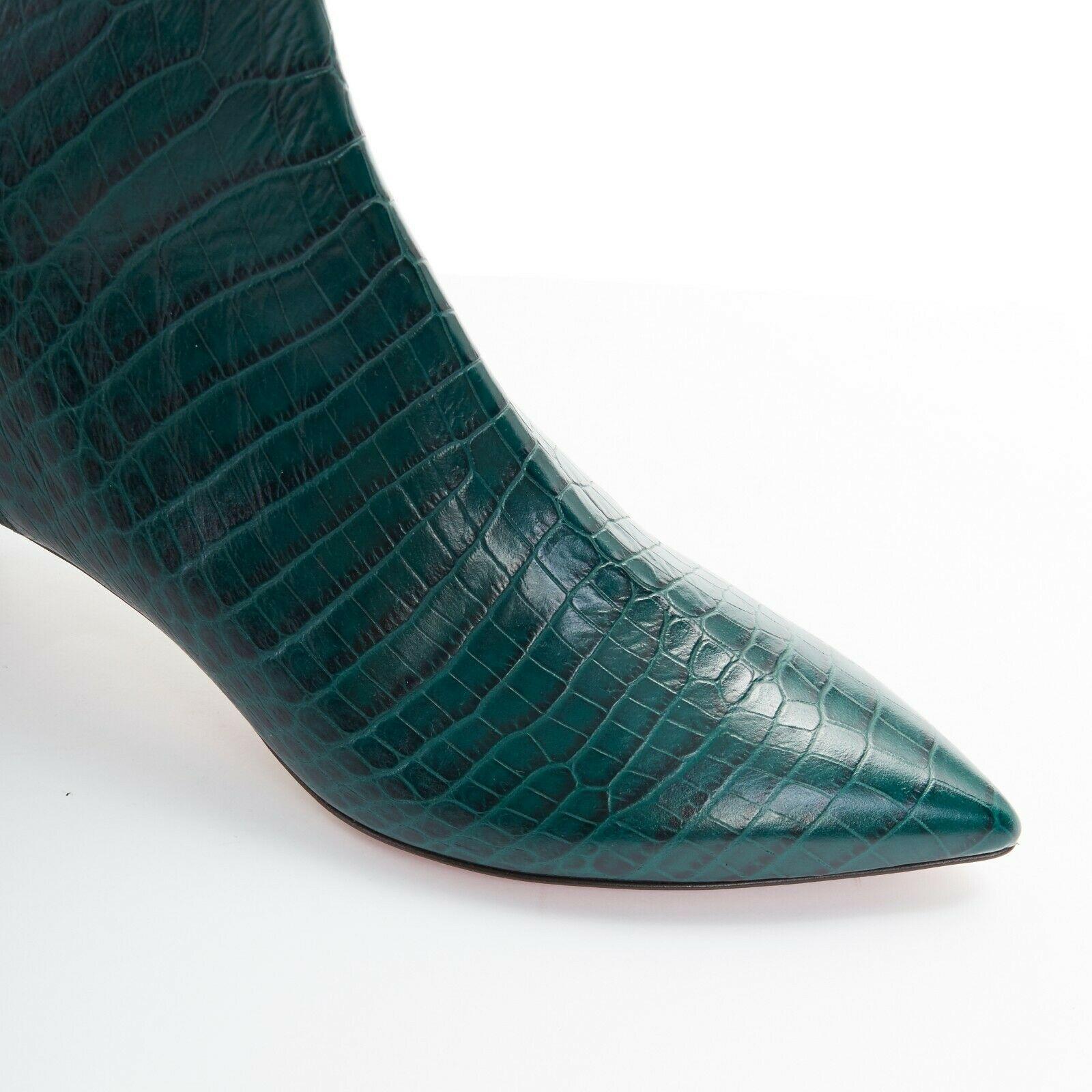 new AQUAZZURA green mock croc stamped leather point toe kitten ankle bootie EU38 3