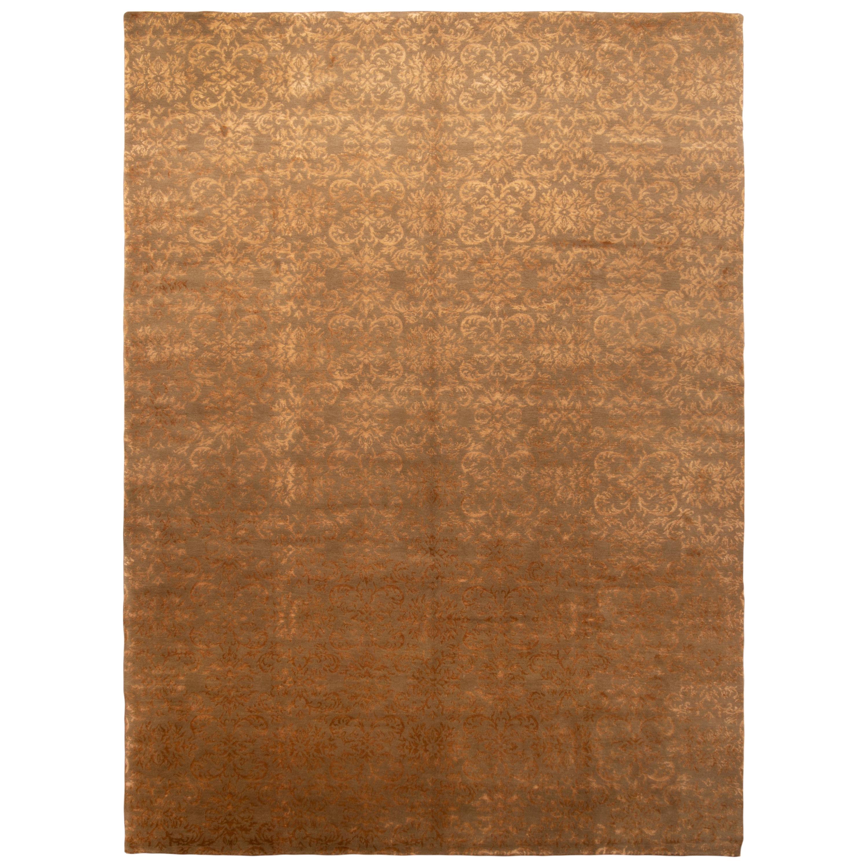 New Arabesque Gold and Brown Wool and Silk Rug
