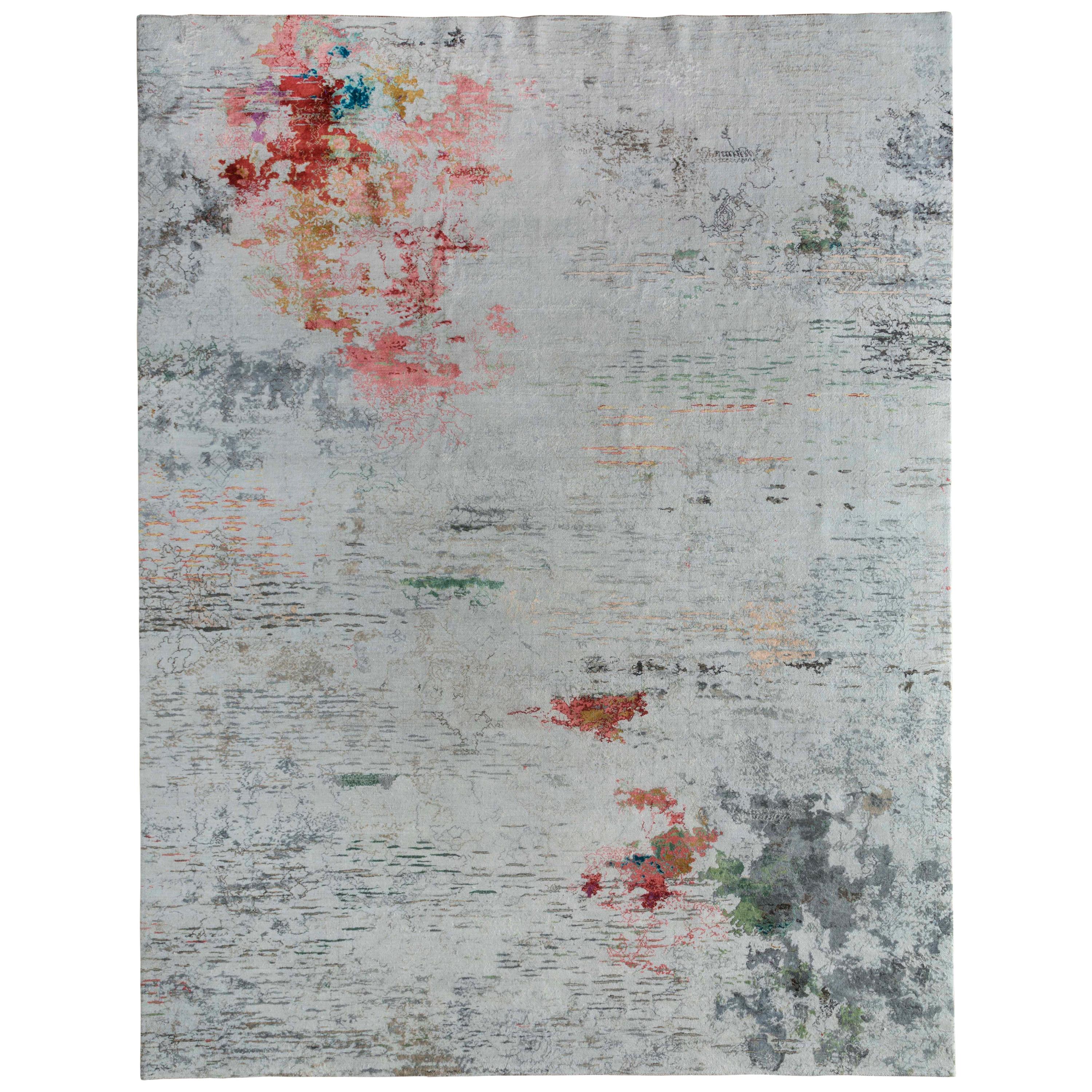 New Area Rug with Modern Watercolor Art Design Made of Fine Wool and Real Silk For Sale