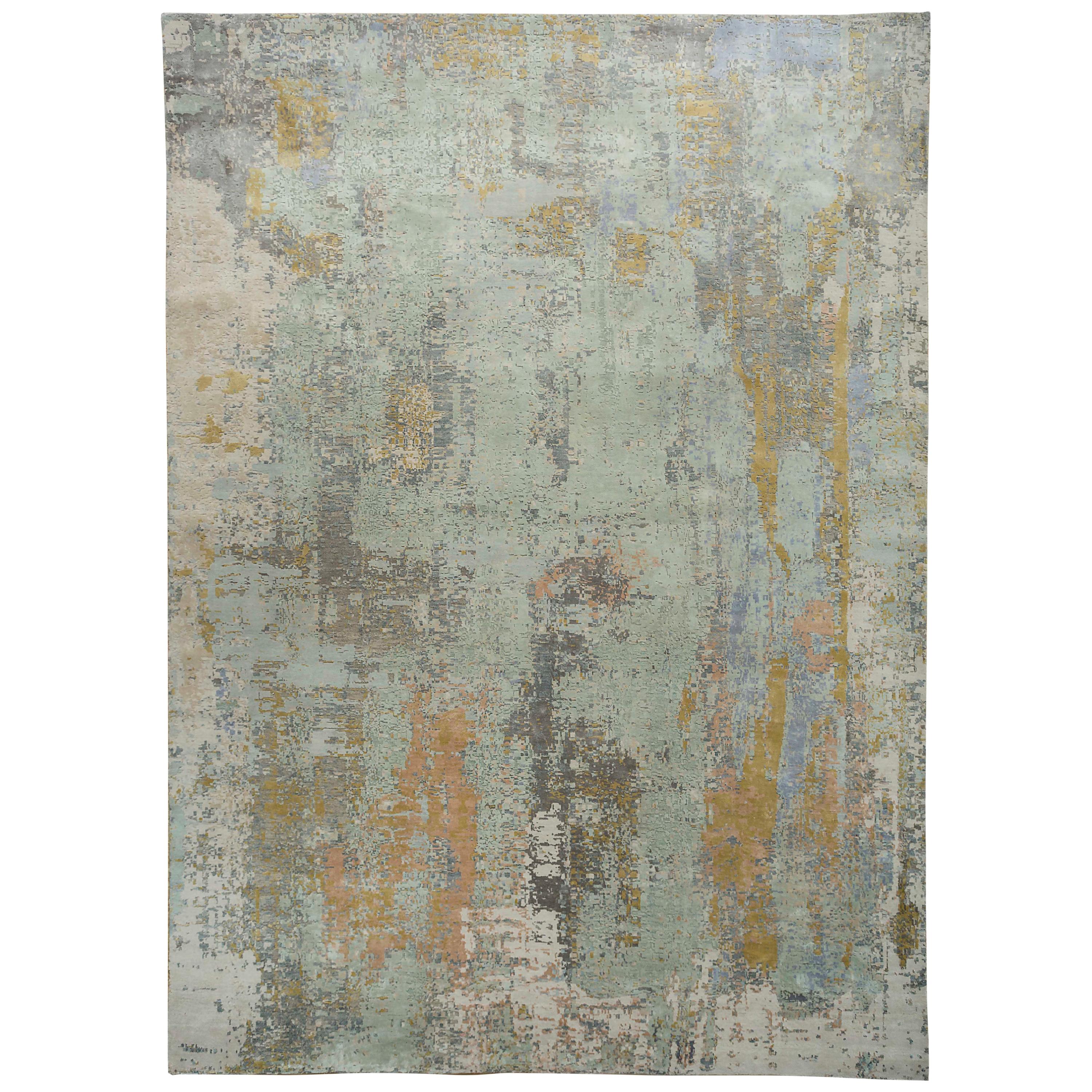 New Area Rug with Modern Watercolor Art Design Made of Fine Wool and Real Silk For Sale