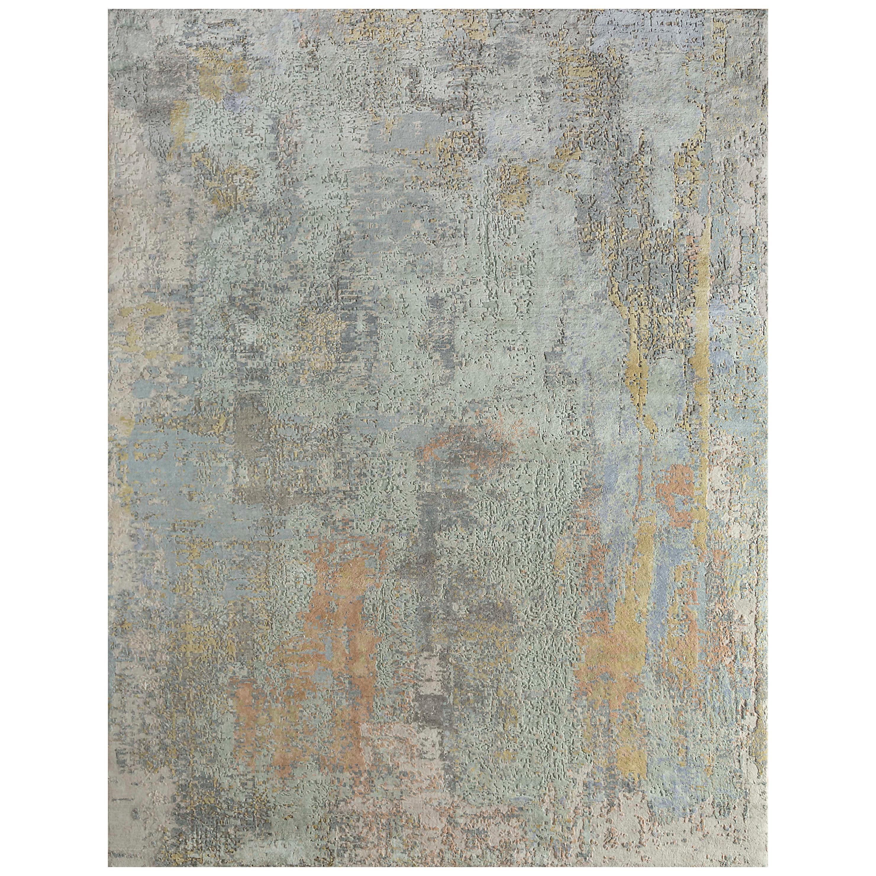 New Area Rug with Modern Watercolor Art Design Made of Fine Wool and Real Silk