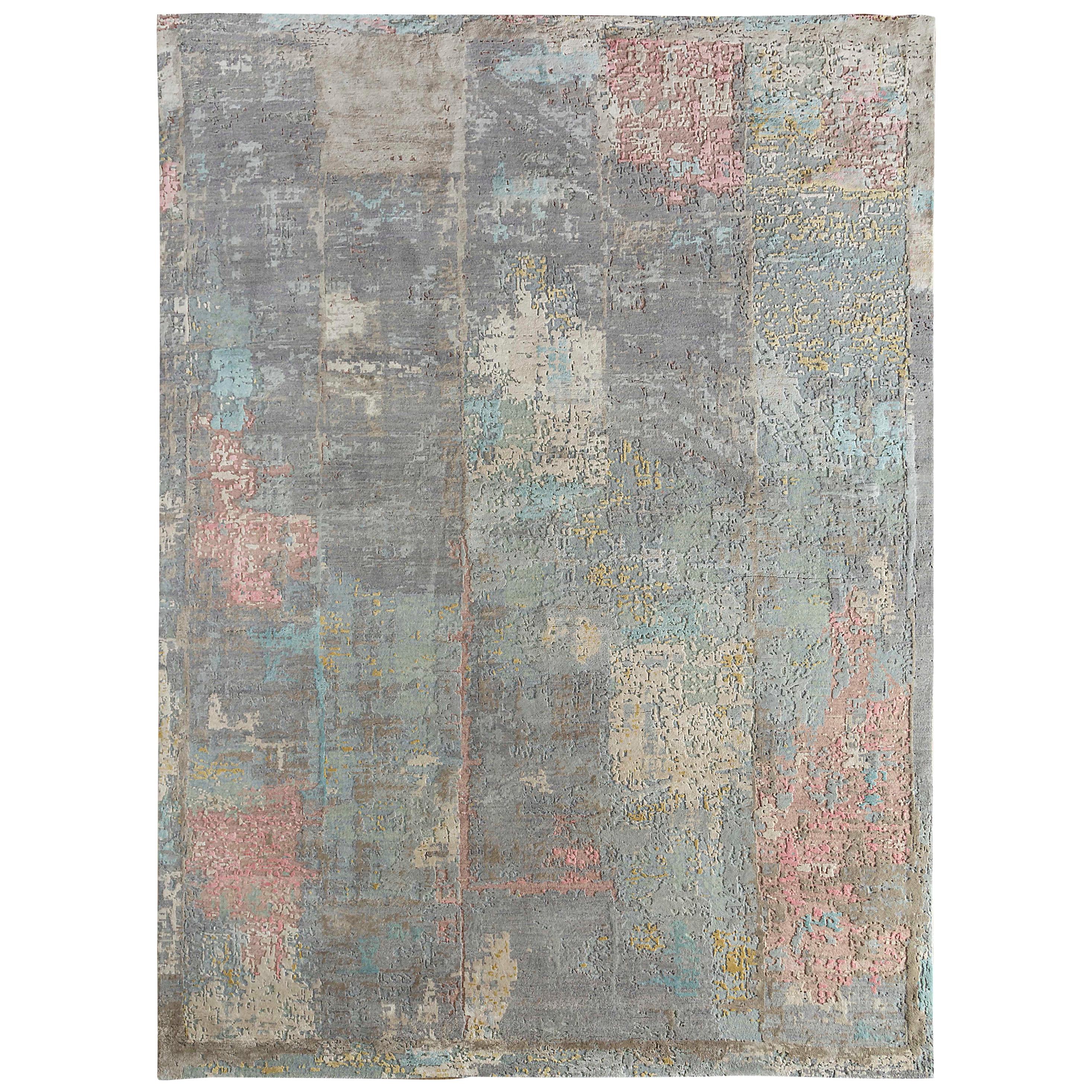 New Area Rug with Modern Watercolor Art Design Made of Fine Wool and Real Silk For Sale