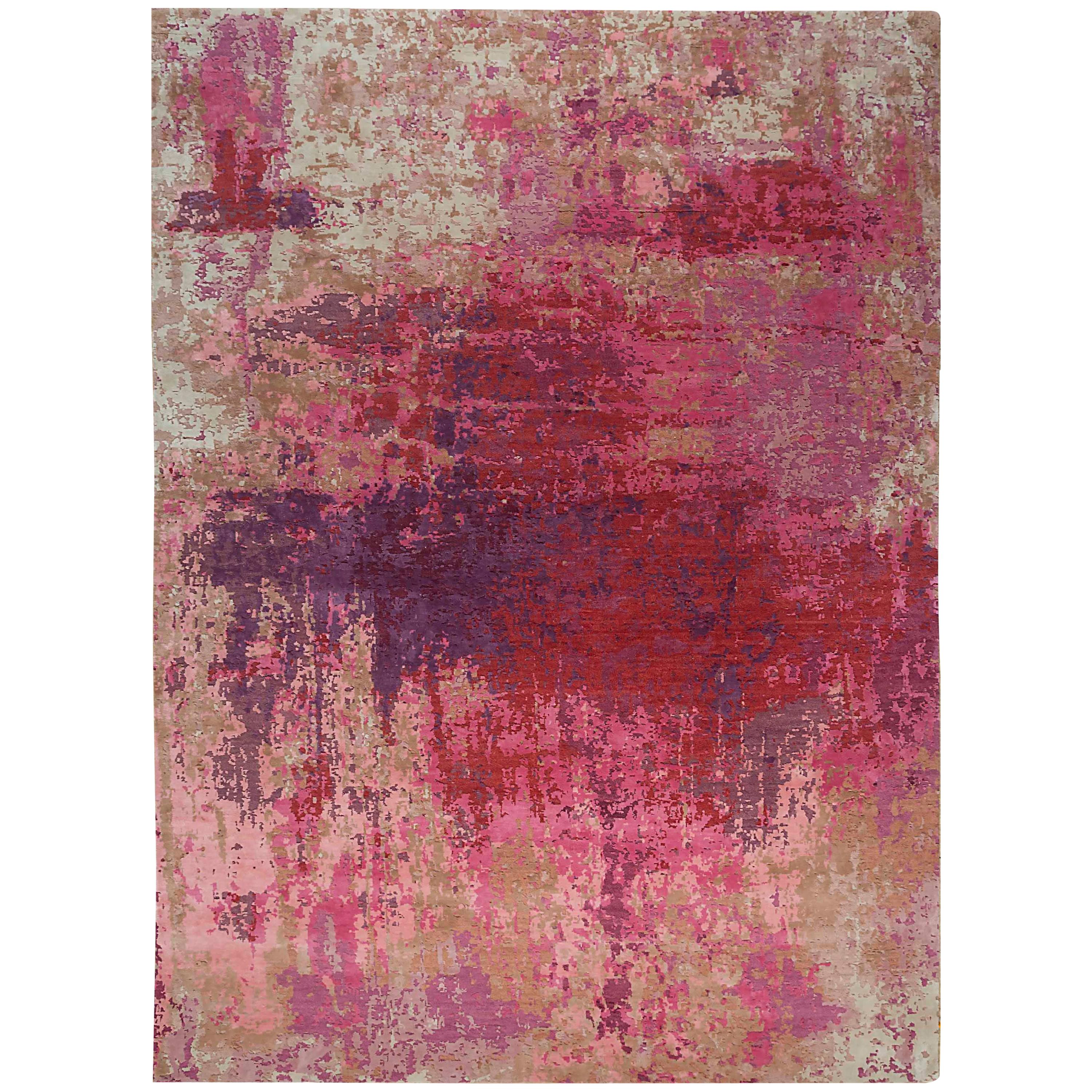 New Area Rug with Modern Watercolor Art Design Made of Fine Wool and Real Silk For Sale