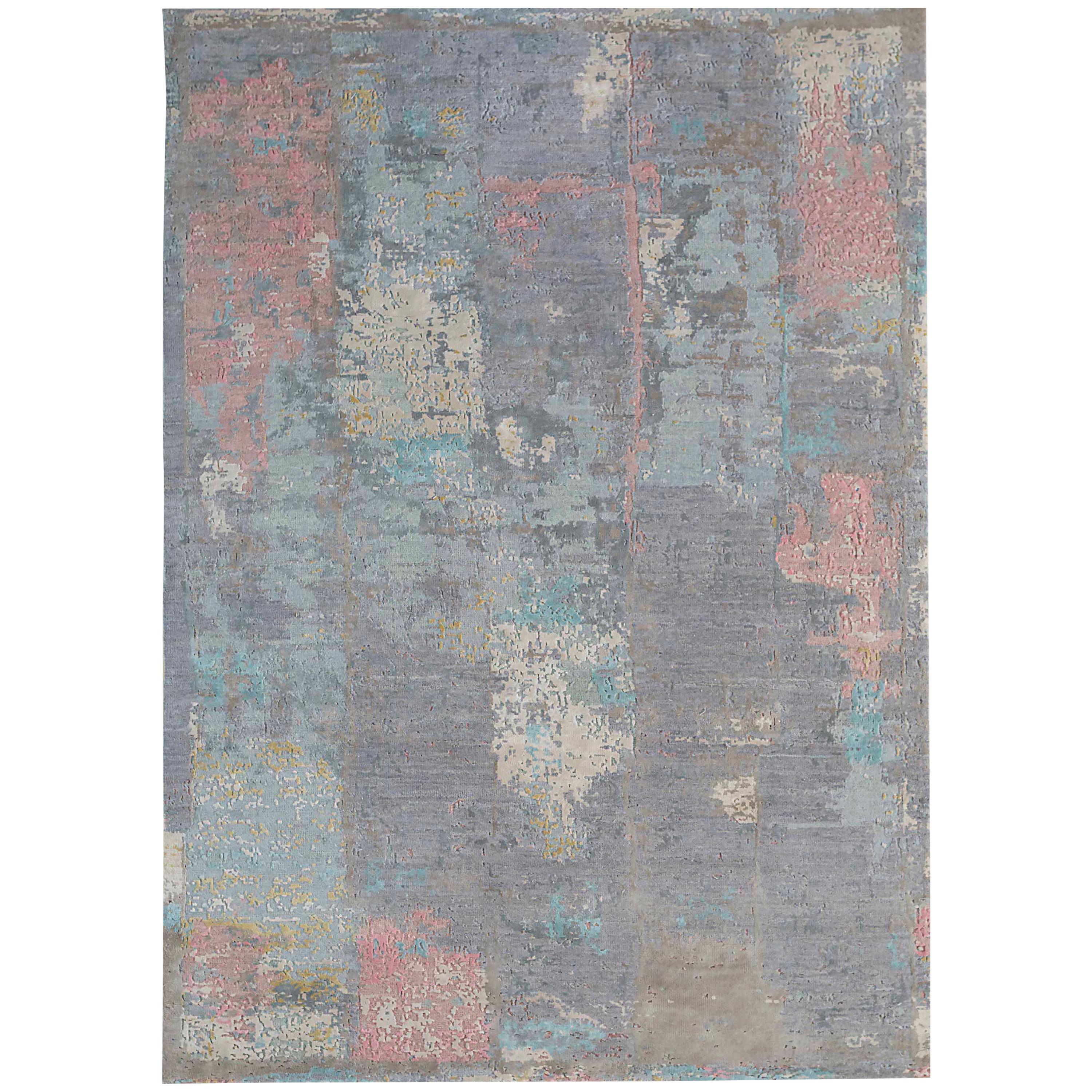Tapis neuf à motif d'art moderne à l'aquarelle en laine fine et soie réelle