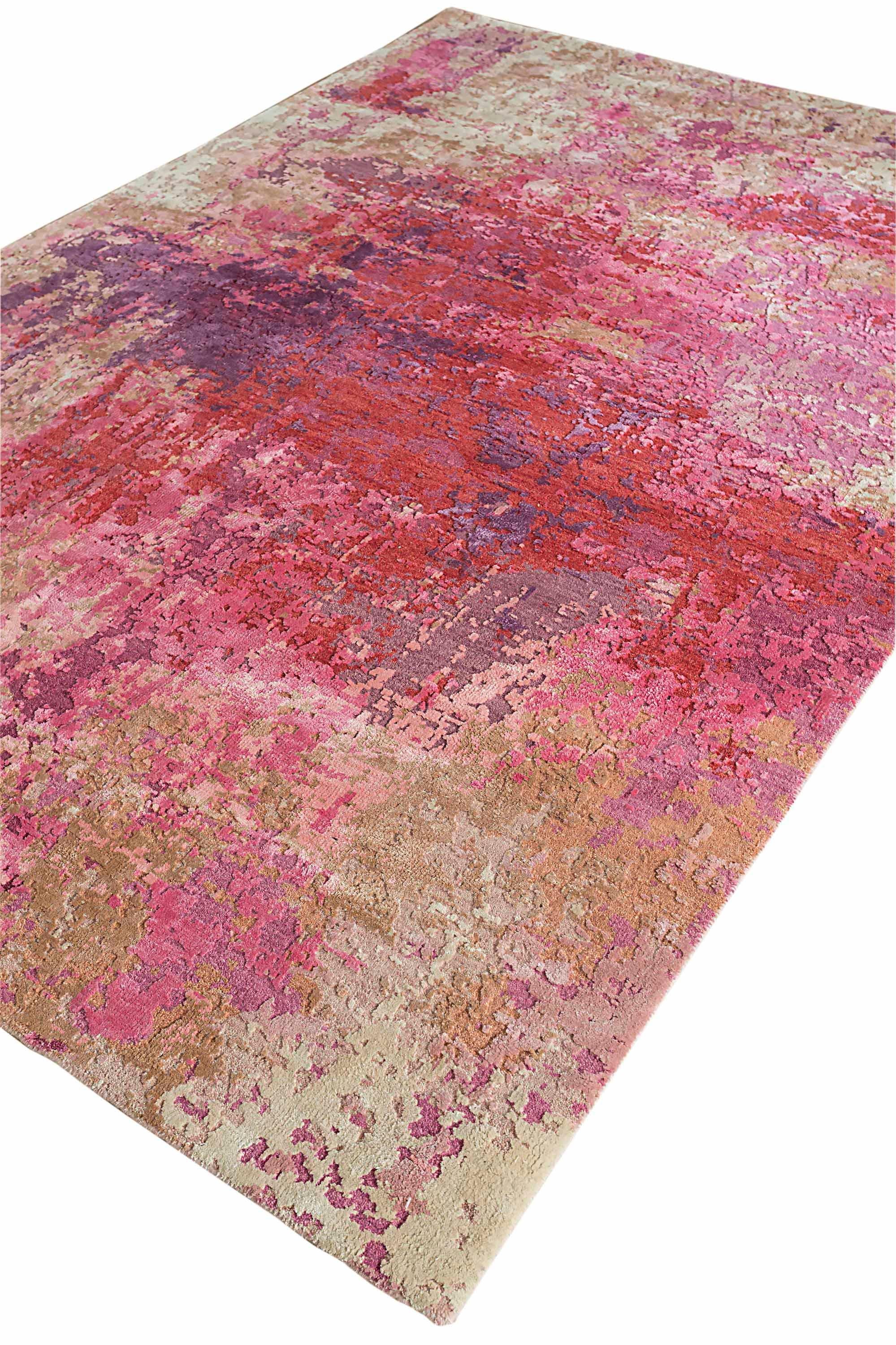 New area rug handwoven from the finest sheep’s wool and real silk. It’s colored with all-natural vegetable dyes that are safe for humans and pets. It features beautiful modern watercolor art design patterns that blend perfectly with contemporary