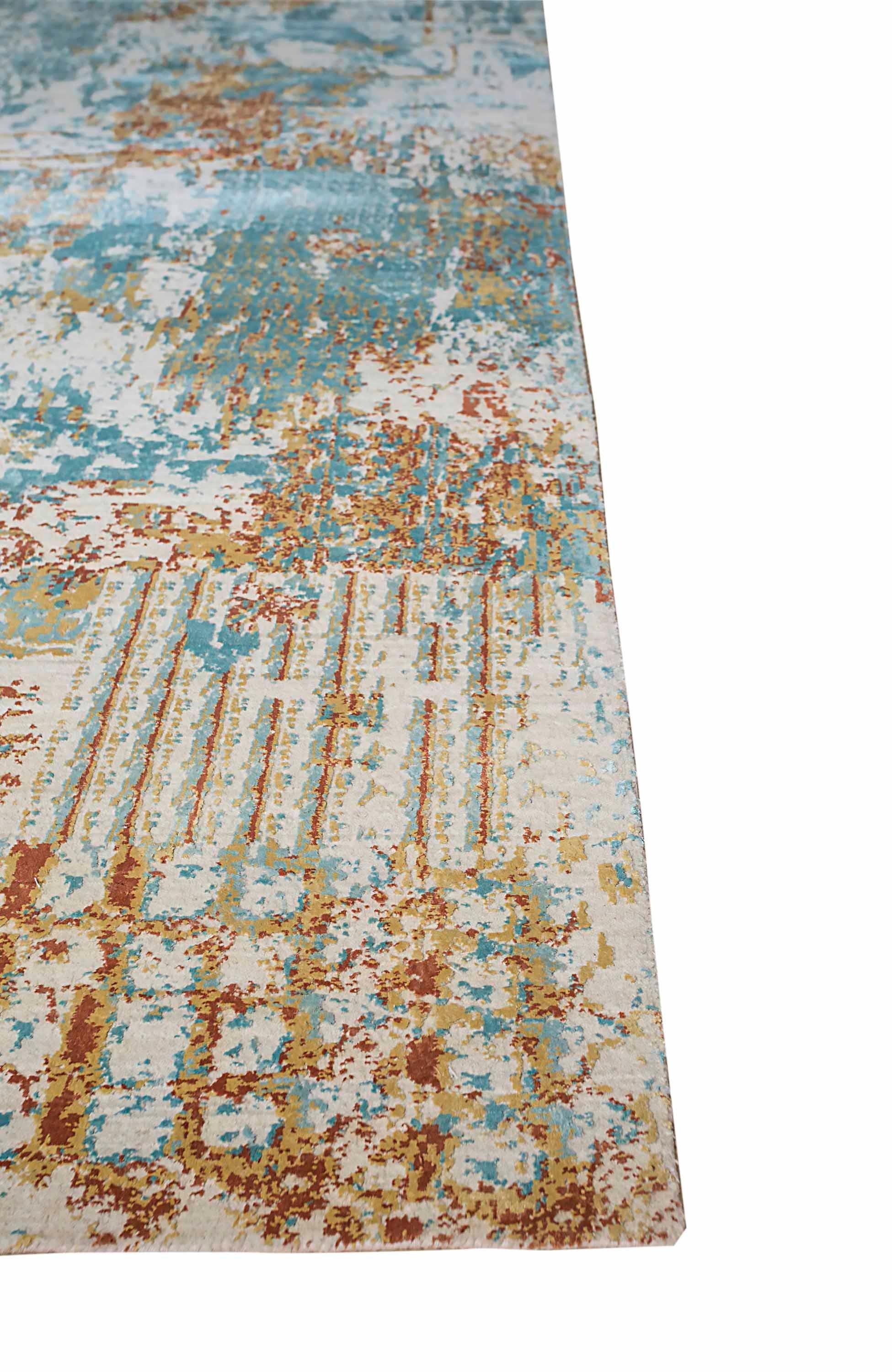 Indian New Area Rug with Modern Watercolor Art Design Made of Fine Wool and Real Silk For Sale