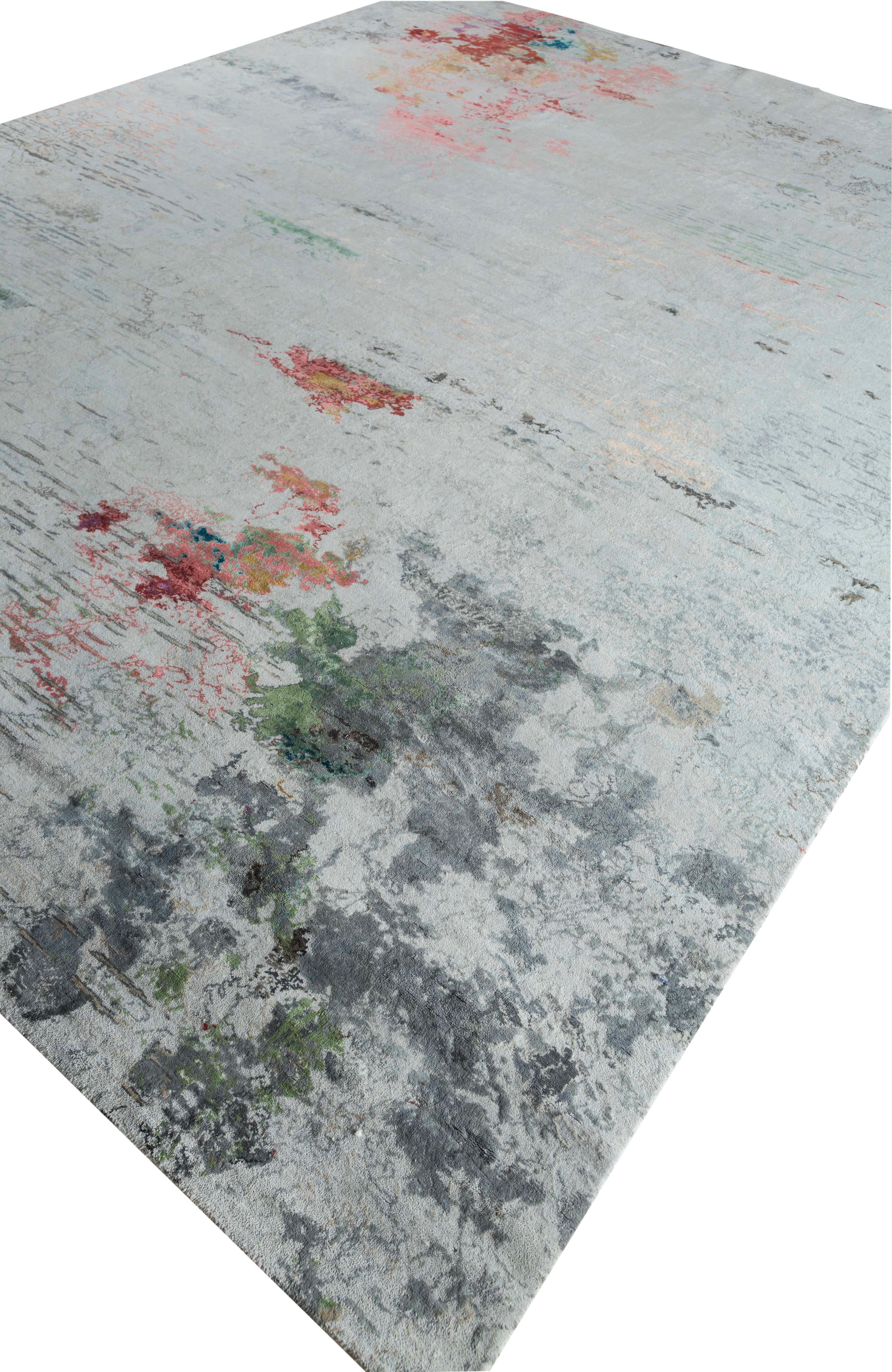 Hand-Woven New Area Rug with Modern Watercolor Art Design Made of Fine Wool and Real Silk For Sale