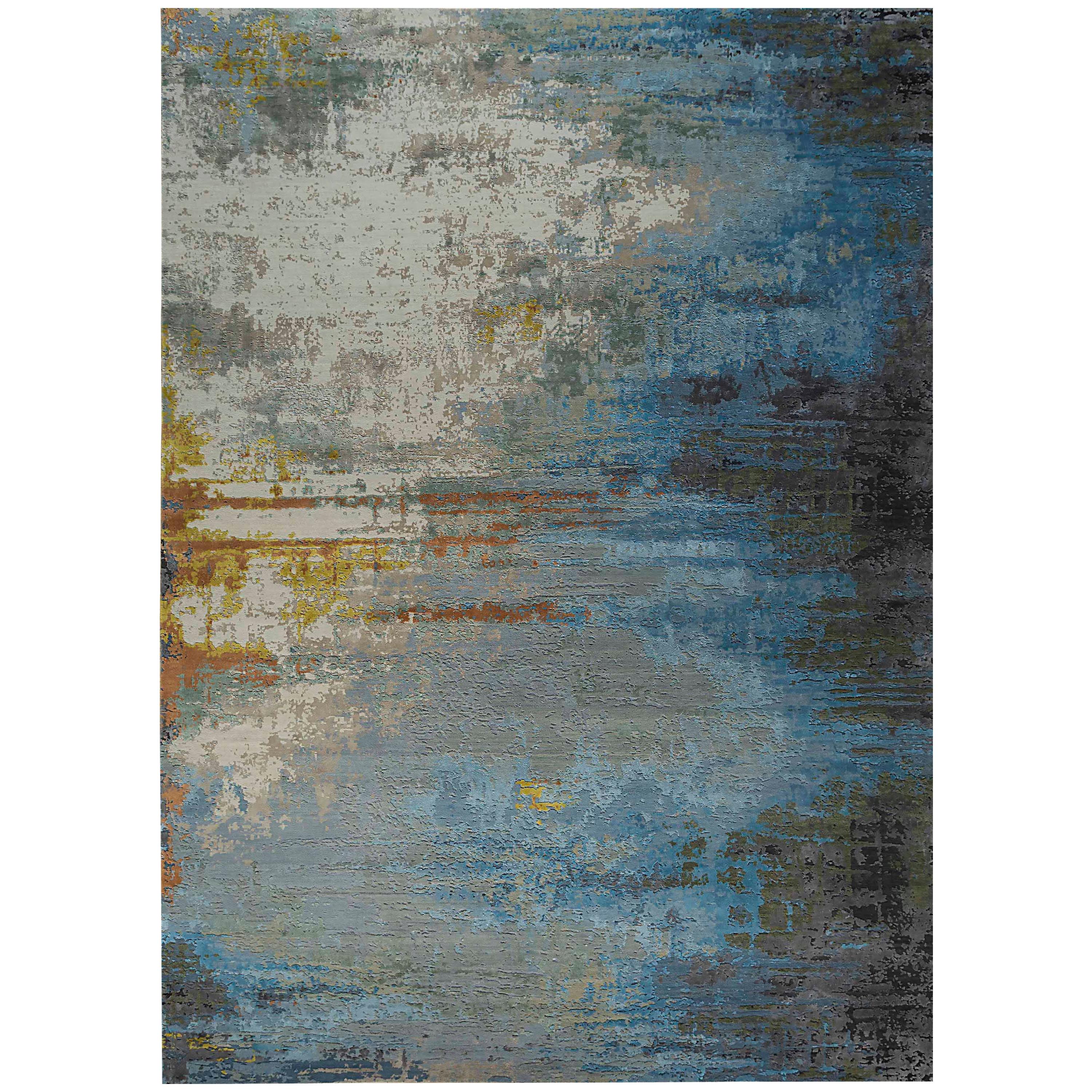 New Area Rug with Modern Watercolor Art Design Made of Fine Wool & Real Silk For Sale