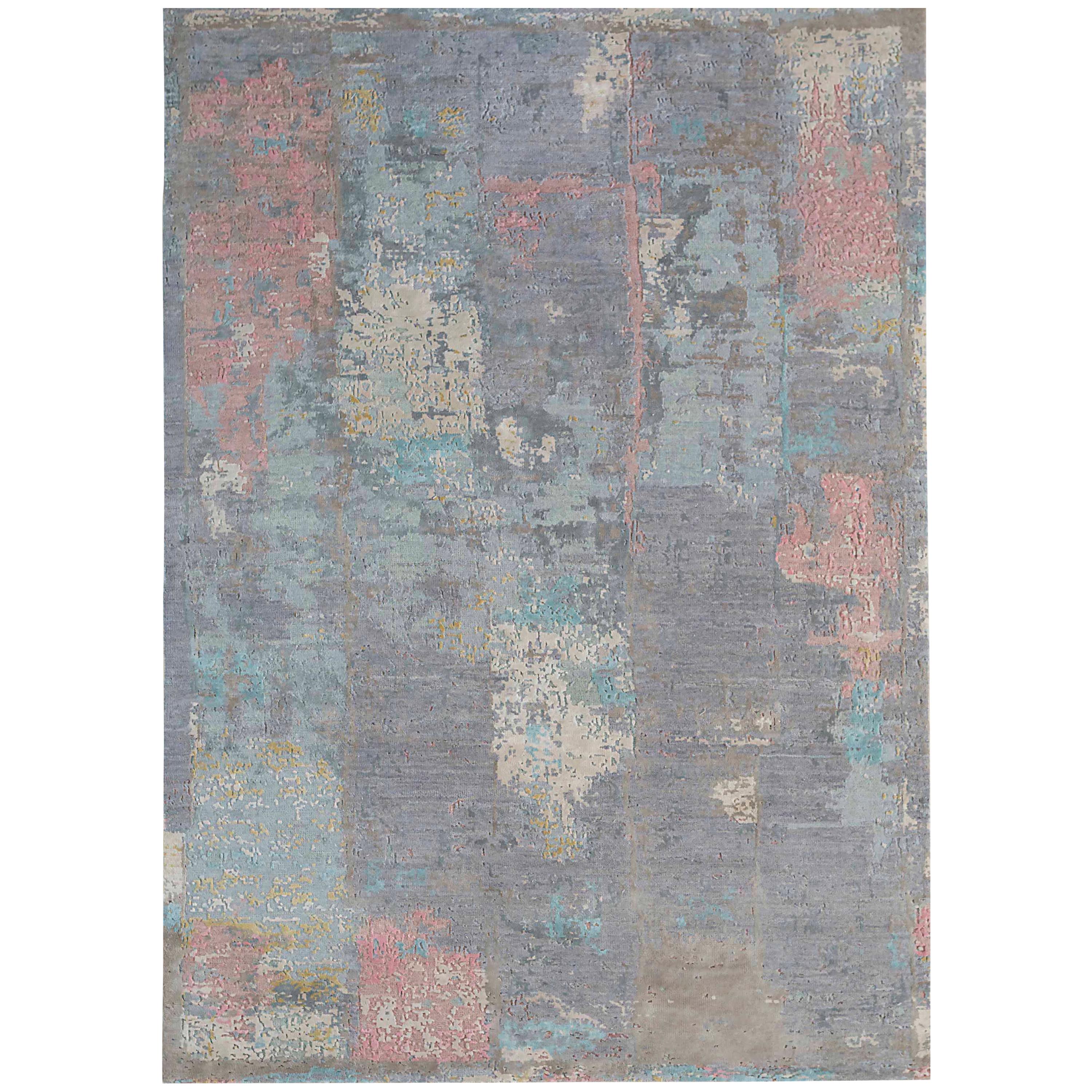 New Area Rug with Modern Watercolor Art Design Made of Fine Wool & Real Silk For Sale