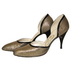 New Art Deco Gold Lamé and Satin Pointed d'Orsay Stiletto Pumps - 7 AAAA, 1950s