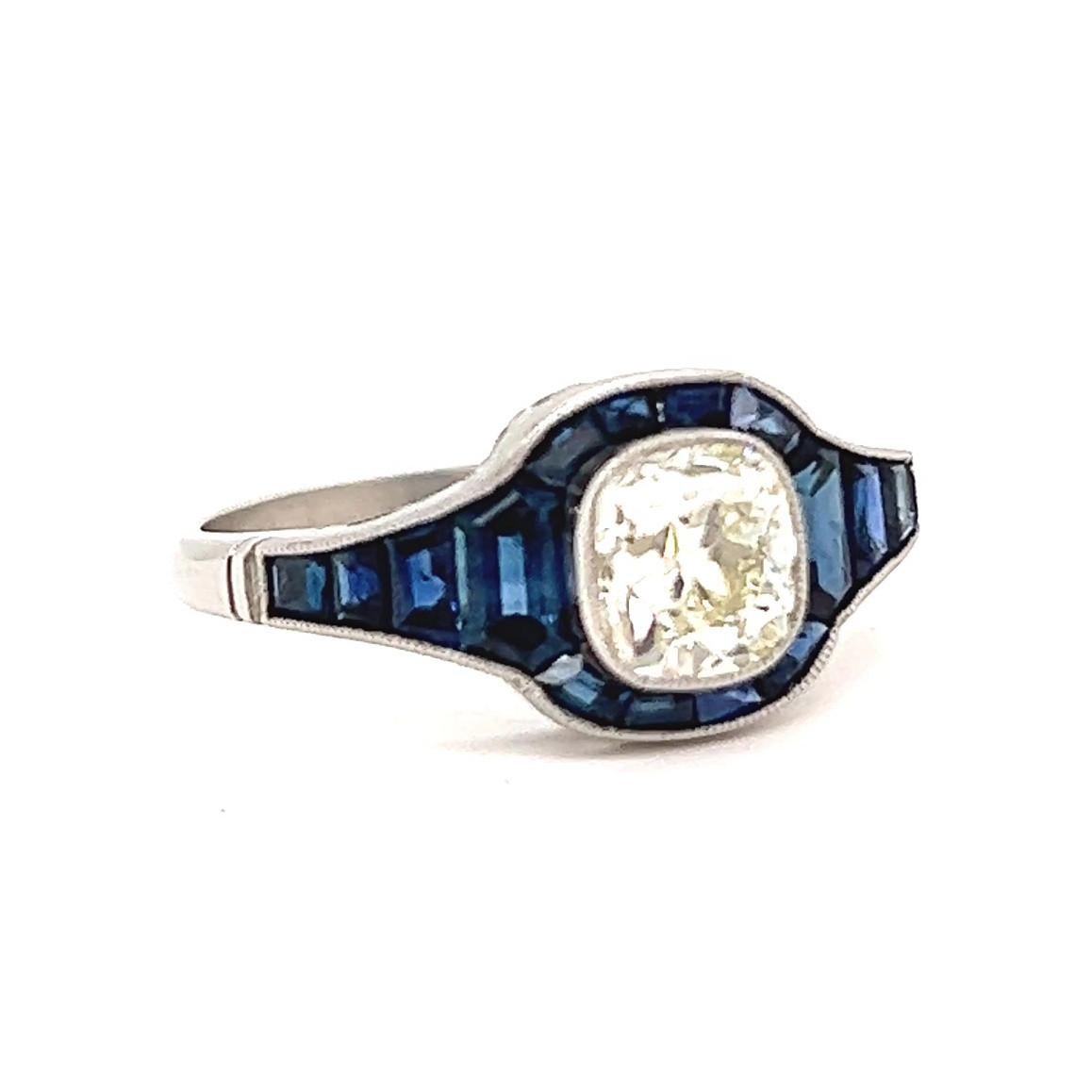 Art Deco Inspired 0.98 Carat Old Mine Cut Diamond Sapphire Platinum Ring 1