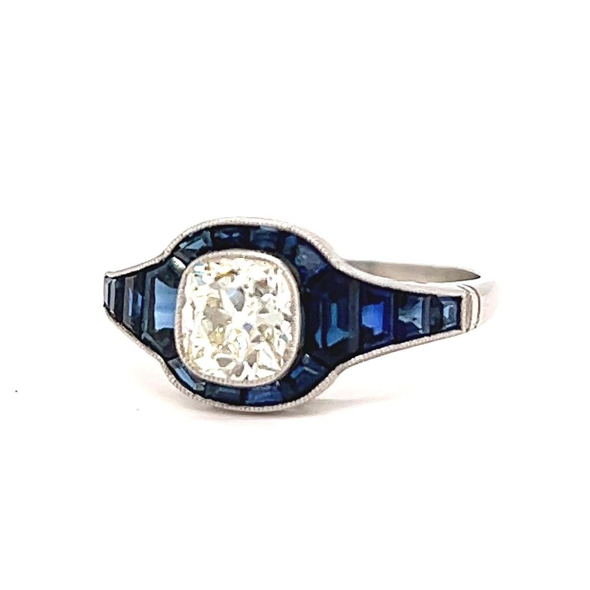 Art Deco Inspired 0.98 Carat Old Mine Cut Diamond Sapphire Platinum Ring 2
