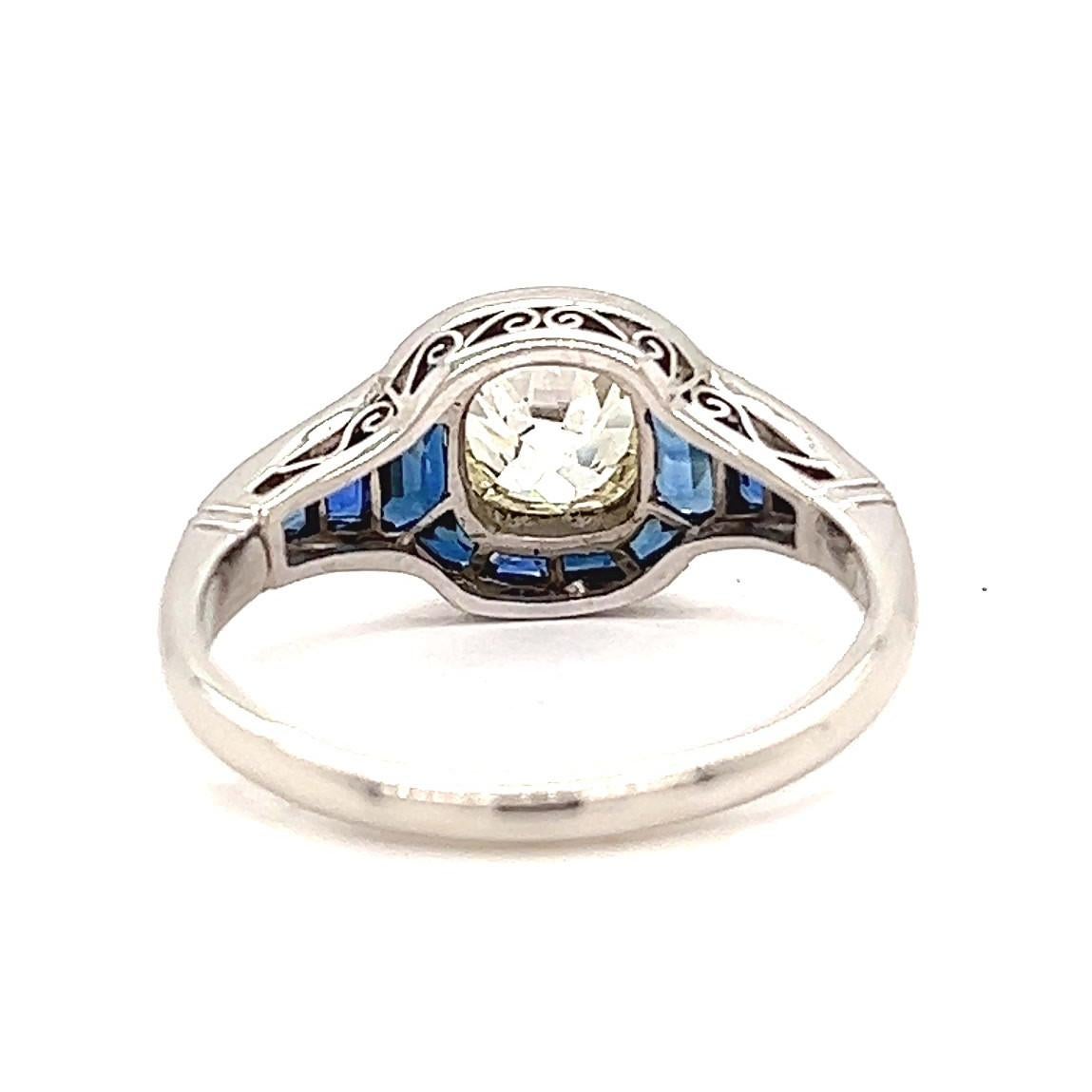 Art Deco Inspired 0.98 Carat Old Mine Cut Diamond Sapphire Platinum Ring 3