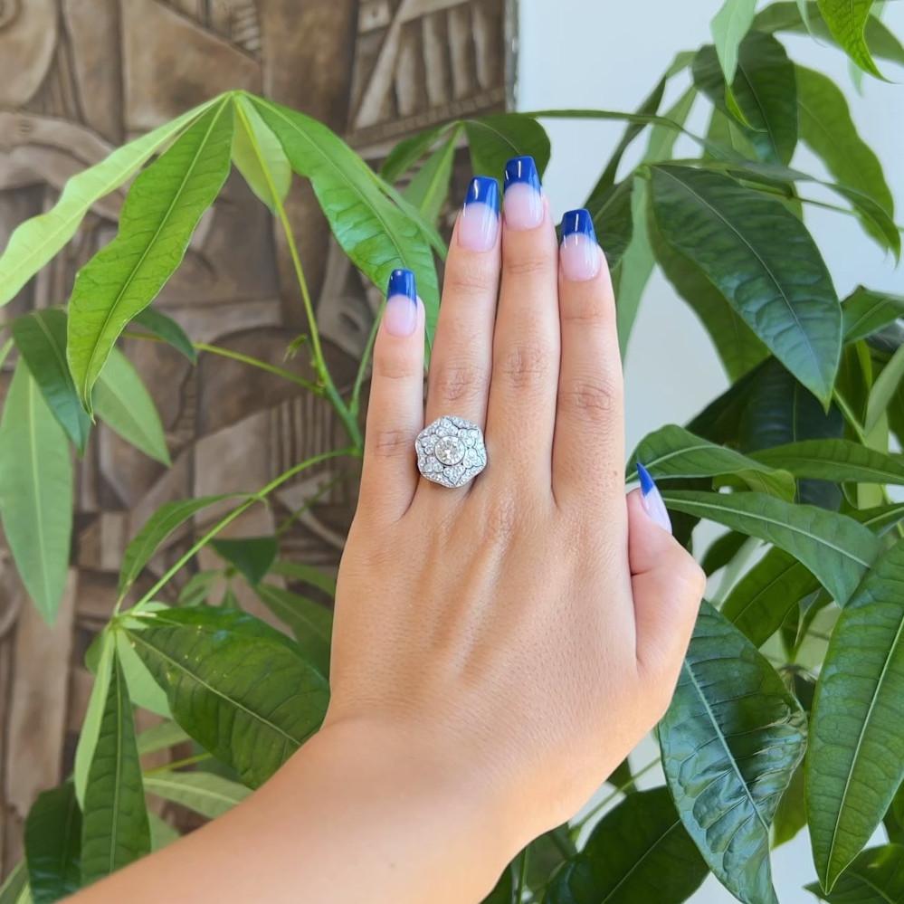 Round Cut Art Deco Inspired 1.04 Carat Brilliant Cut Diamond Platinum Pave Cluster Ring For Sale