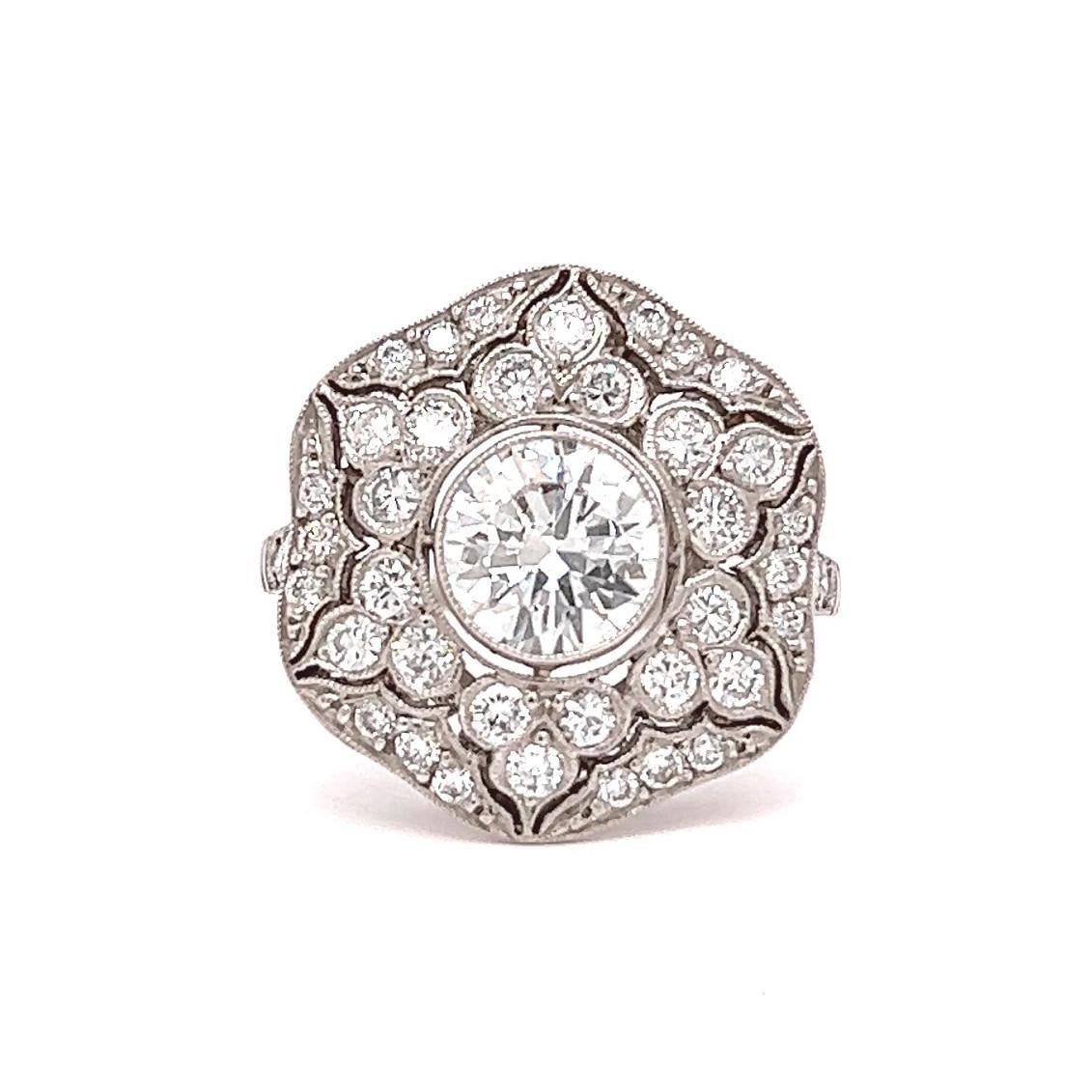 Women's or Men's Art Deco Inspired 1.04 Carat Brilliant Cut Diamond Platinum Pave Cluster Ring For Sale