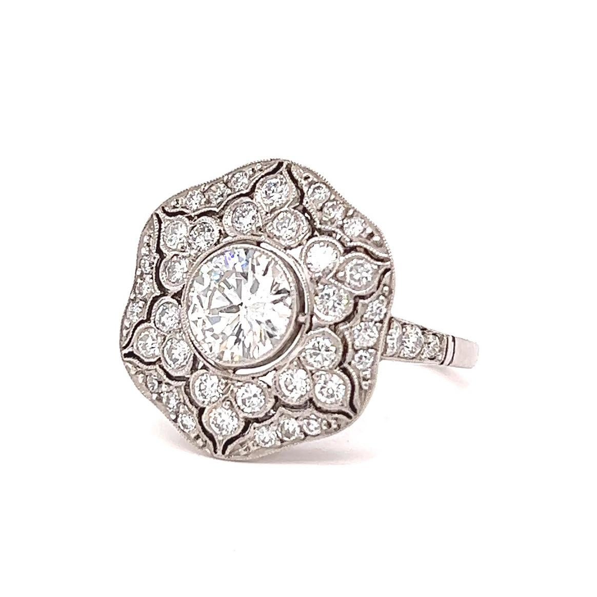 Art Deco Inspired 1.04 Carat Brilliant Cut Diamond Platinum Pave Cluster Ring For Sale 1