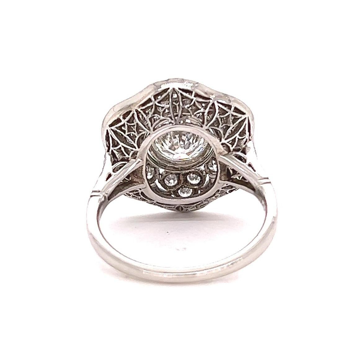 Art Deco Inspired 1.04 Carat Brilliant Cut Diamond Platinum Pave Cluster Ring For Sale 2