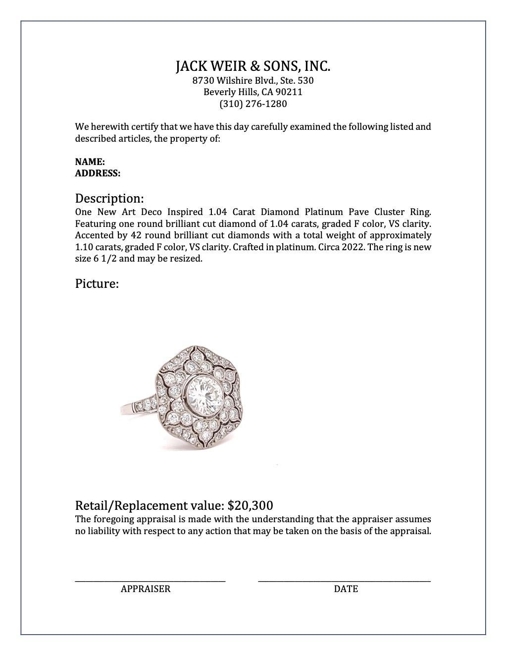 Art Deco Inspired 1.04 Carat Brilliant Cut Diamond Platinum Pave Cluster Ring For Sale 3