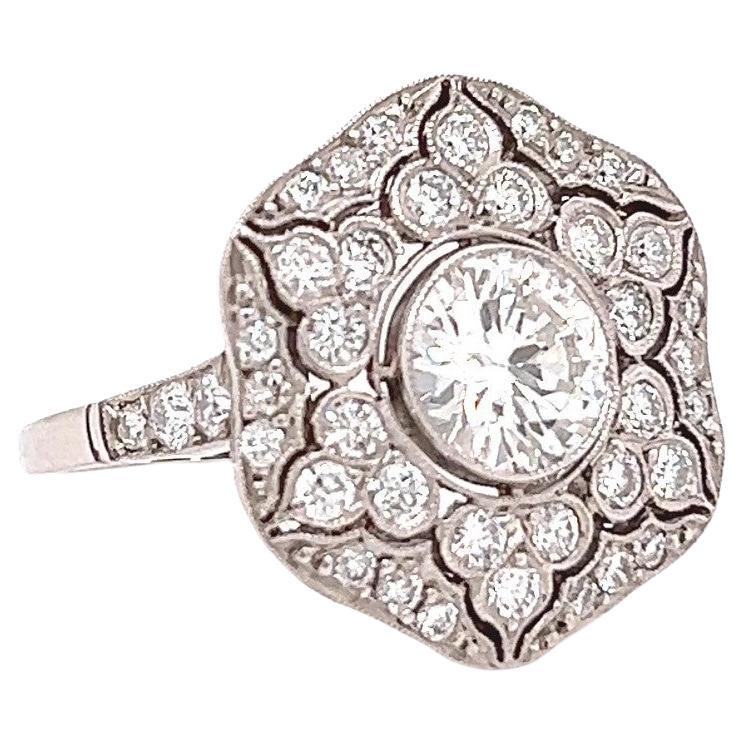 Art Deco Inspired 1.04 Carat Brilliant Cut Diamond Platinum Pave Cluster Ring For Sale