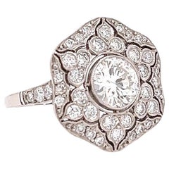 Art Deco Inspired 1.04 Carat Brilliant Cut Diamond Platinum Pave Cluster Ring
