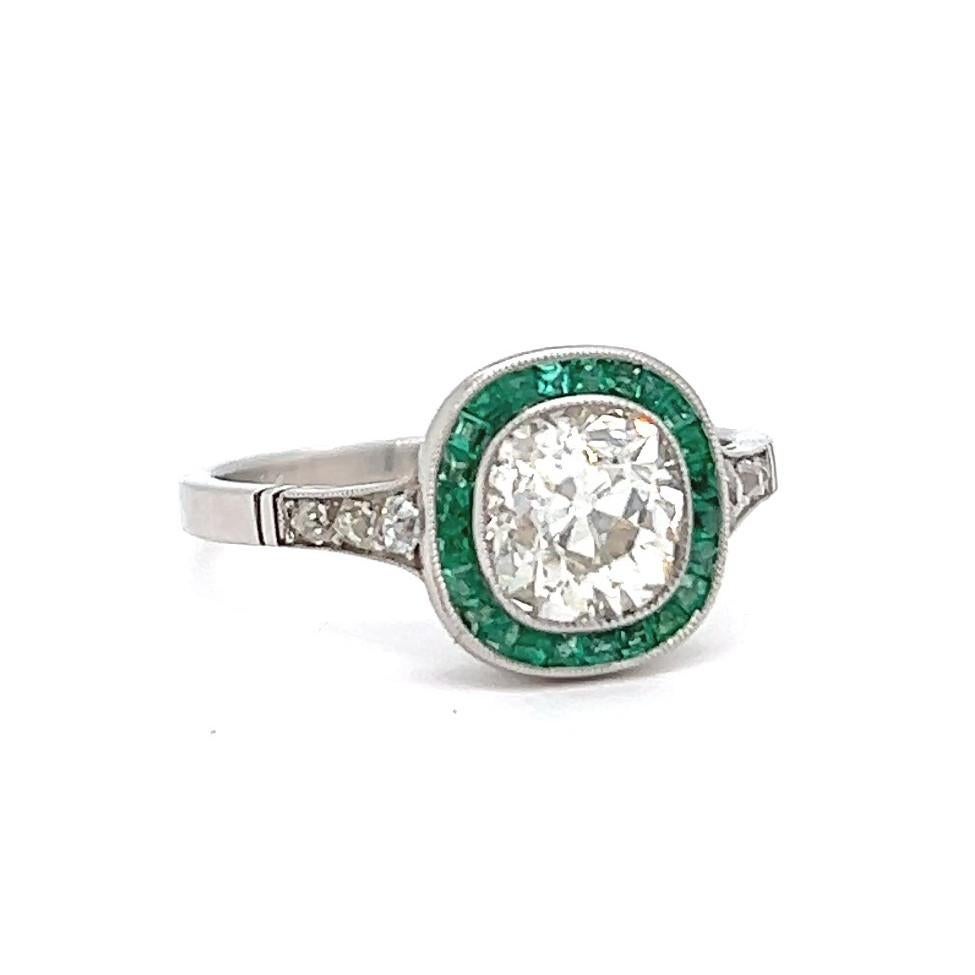 Art Deco Inspired 1.29 Carats Old Mine Cut Diamond Emerald Platinum Ring 1