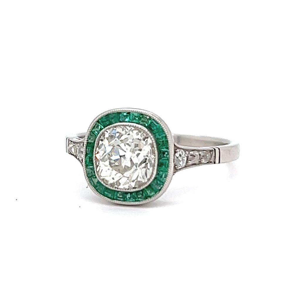 Art Deco Inspired 1.29 Carats Old Mine Cut Diamond Emerald Platinum Ring 2