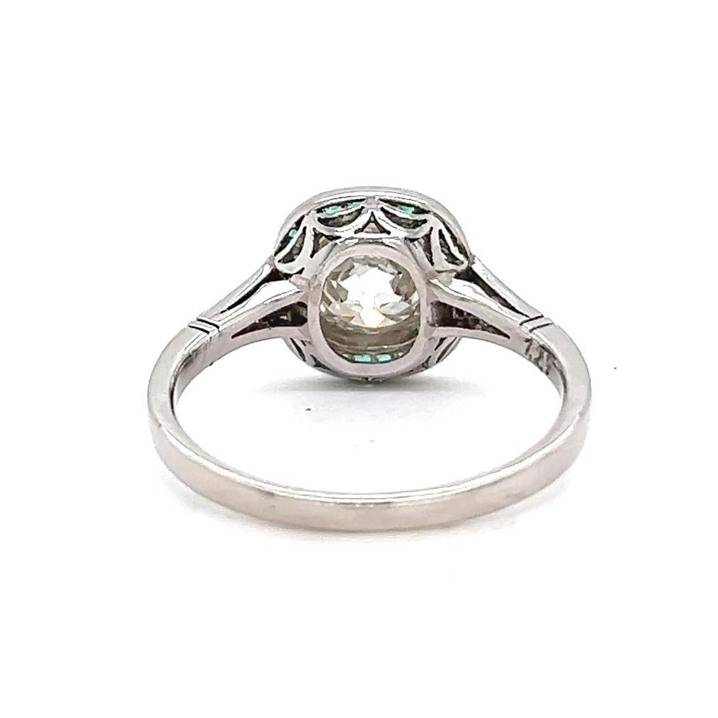 Art Deco Inspired 1.29 Carats Old Mine Cut Diamond Emerald Platinum Ring 3