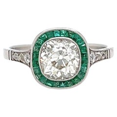 Art Deco Inspired 1.29 Carats Old Mine Cut Diamond Emerald Platinum Ring