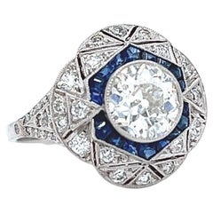 Art Deco Inspired 1.33 Old Euro Cut Diamond Sapphire Platinum Filigree Ring