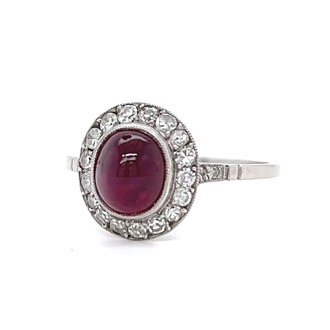 Art Deco Inspired 2.40 Carats Cabochon Ruby Diamond Platinum Ring For Sale 1