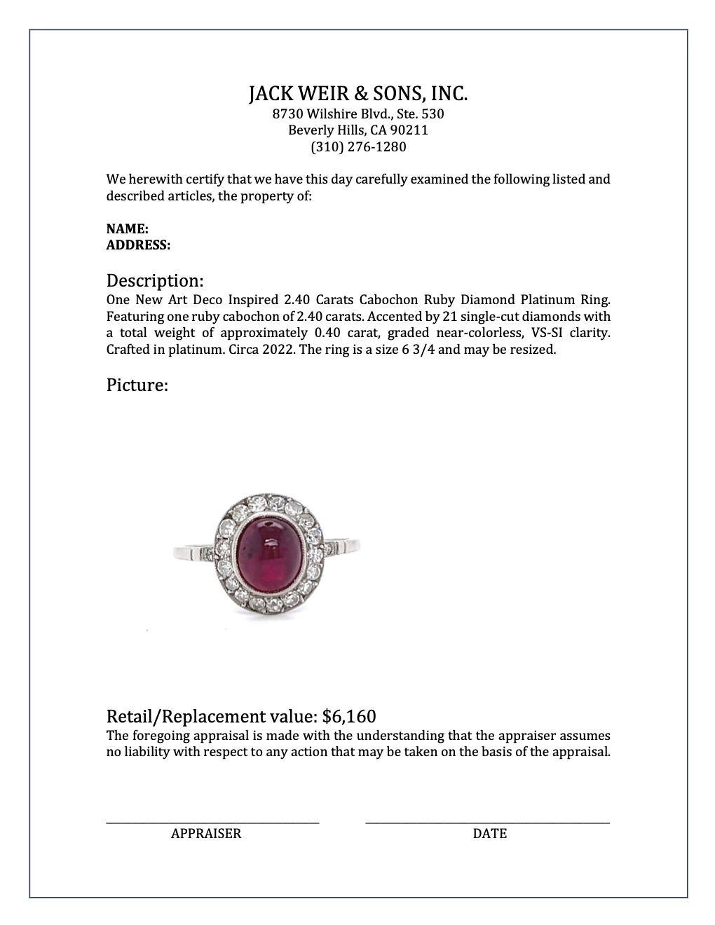 Art Deco Inspired 2.40 Carats Cabochon Ruby Diamond Platinum Ring For Sale 3