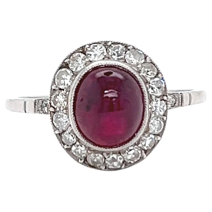 Art Deco Inspired 2.40 Carats Cabochon Ruby Diamond Platinum Ring For Sale