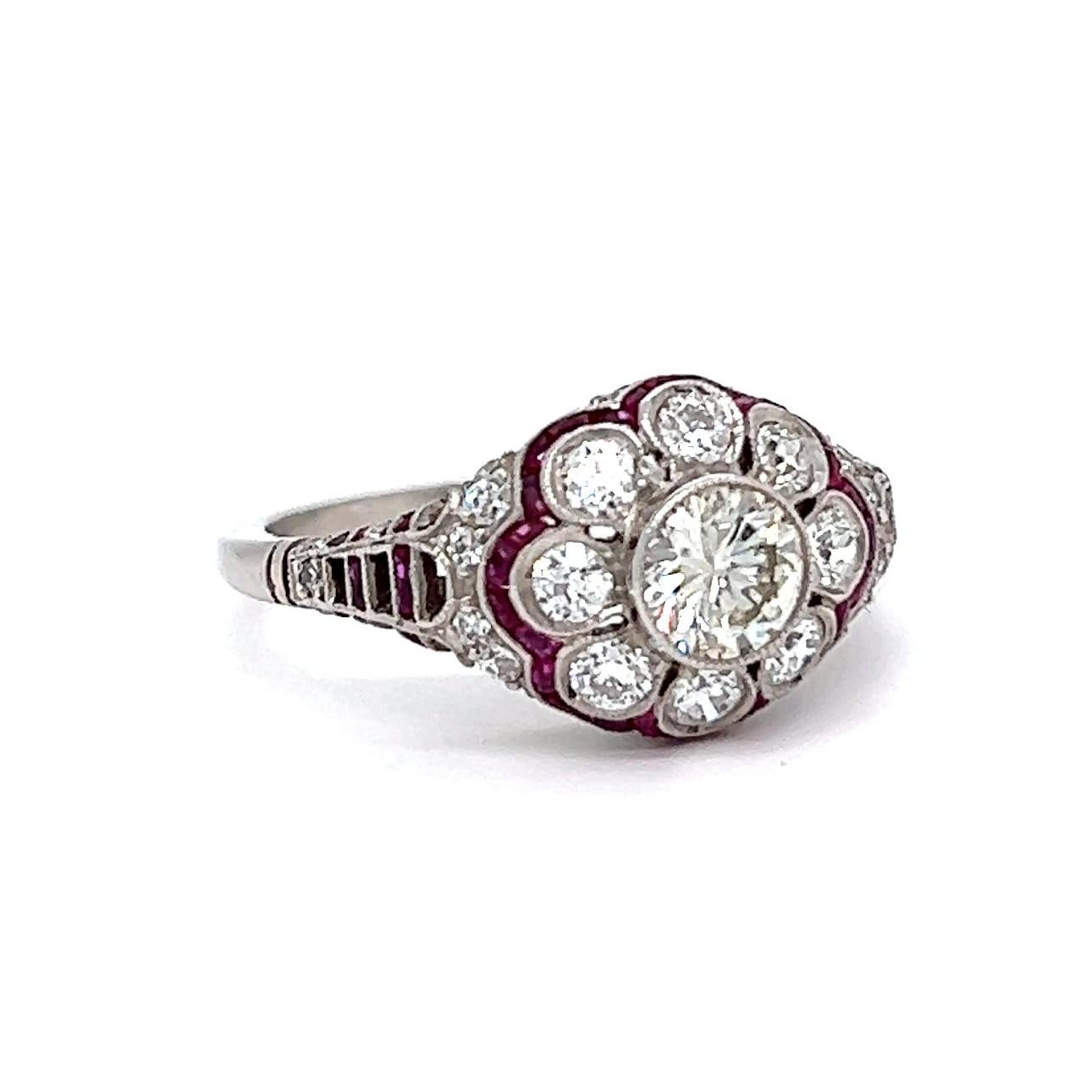 Women's or Men's Art Deco Inspired Brilliant Cut Diamond Ruby Platinum Flower Filigree Ring For Sale