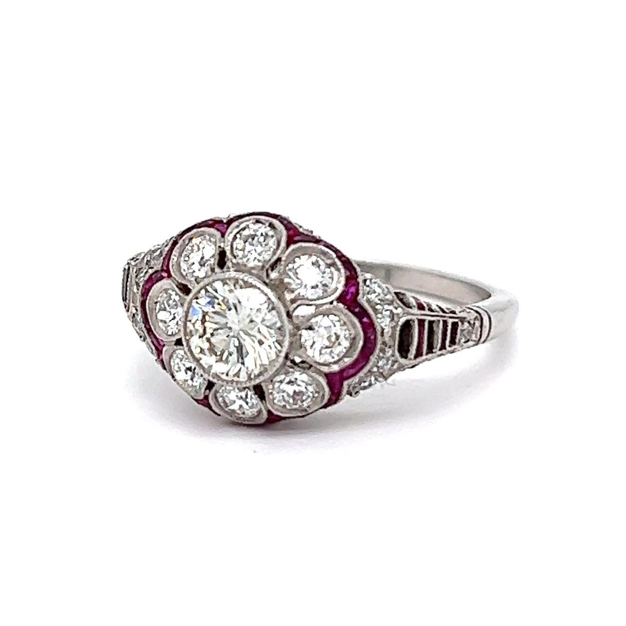Art Deco Inspired Brilliant Cut Diamond Ruby Platinum Flower Filigree Ring For Sale 1