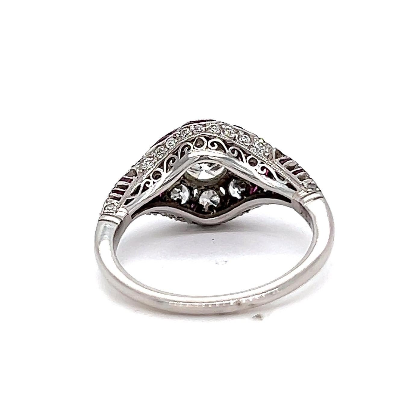 Art Deco Inspired Brilliant Cut Diamond Ruby Platinum Flower Filigree Ring For Sale 2