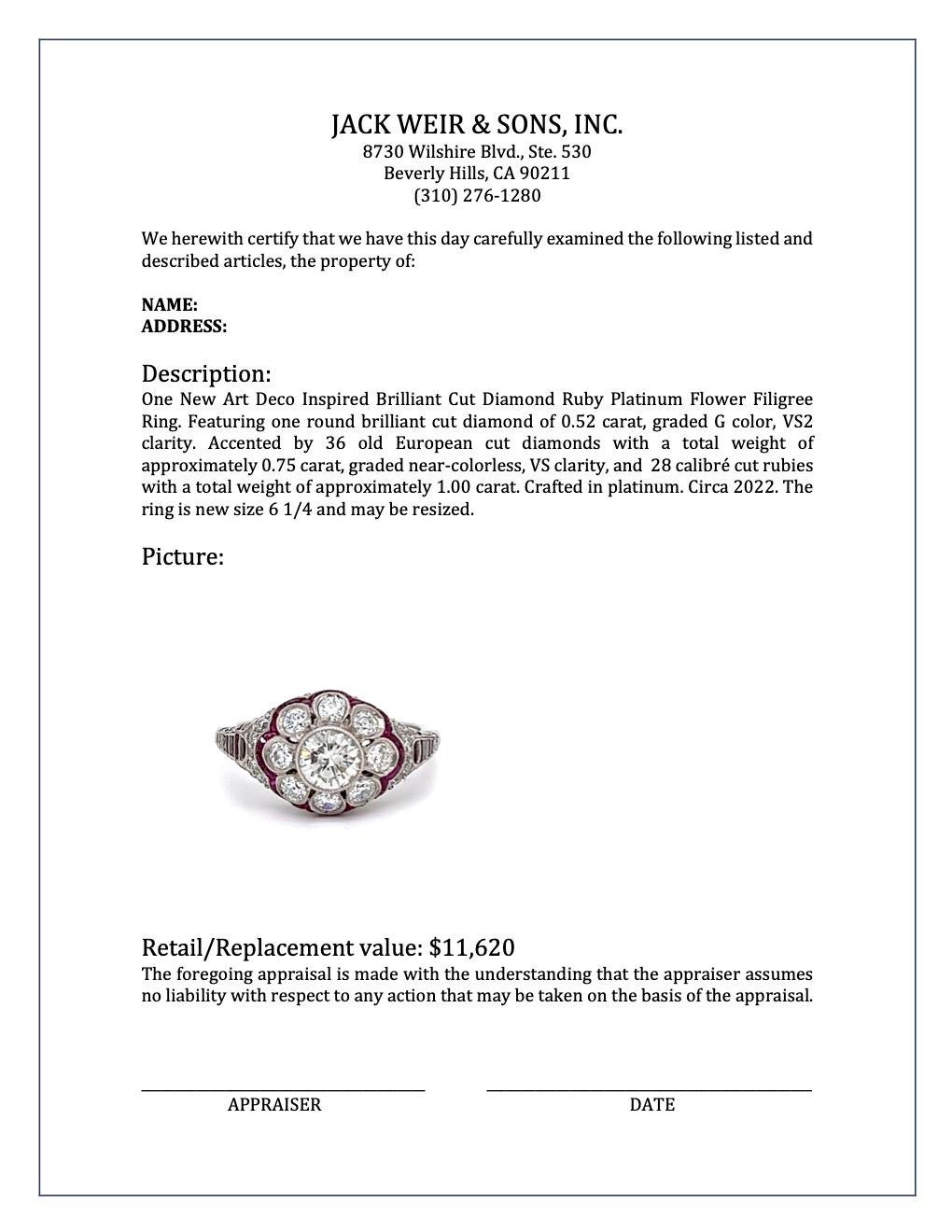 Art Deco Inspired Brilliant Cut Diamond Ruby Platinum Flower Filigree Ring For Sale 3