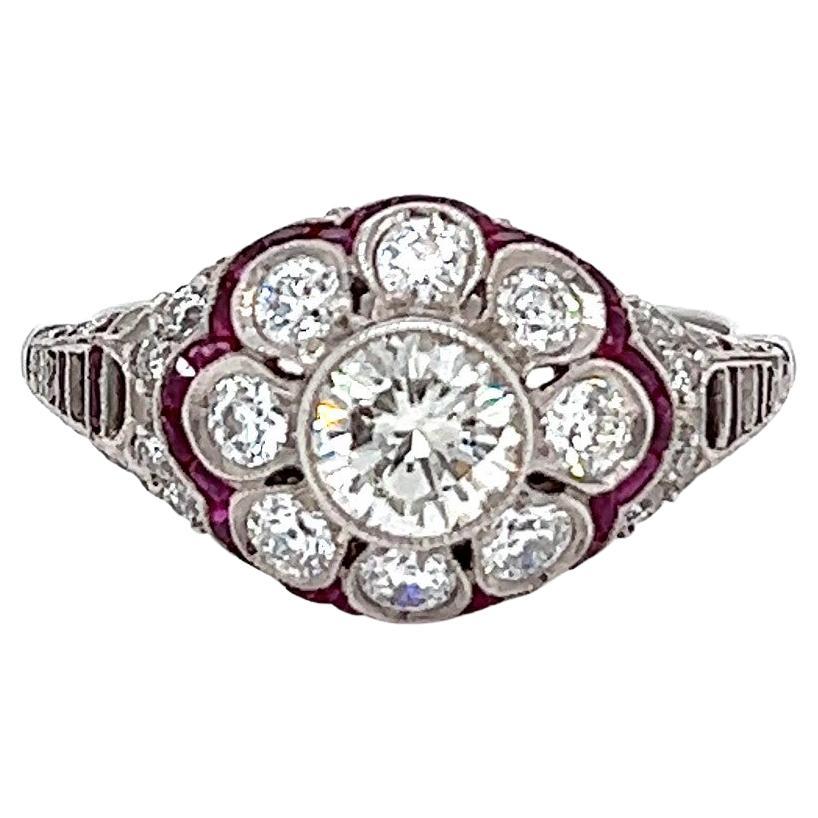 Art Deco Inspired Brilliant Cut Diamond Ruby Platinum Flower Filigree Ring For Sale