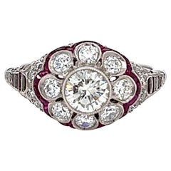 Art Deco Inspired Brilliant Cut Diamond Ruby Platinum Flower Filigree Ring